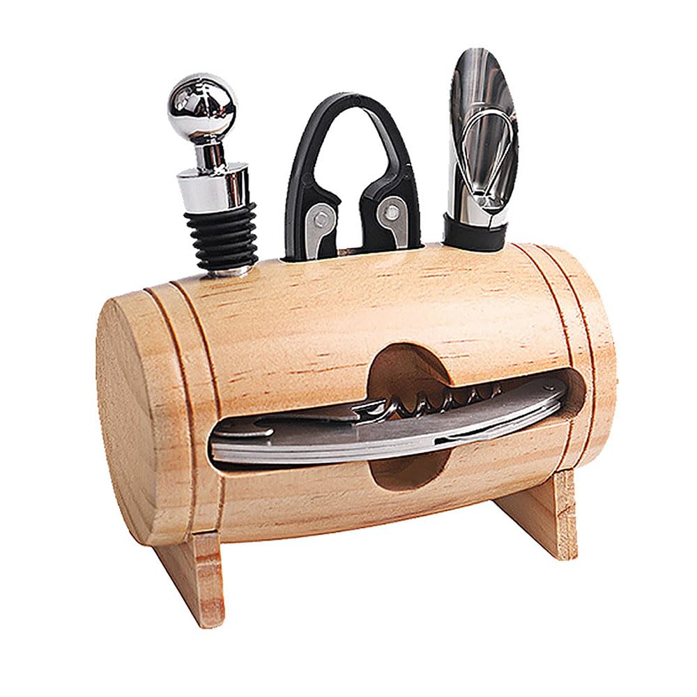 Wein-Geschenkset – Korkenzieher, Folienschneider, Ausgießer und Stopper mit elegantem Holzfass – unverzichtbares Zubehör für Weinliebhaber