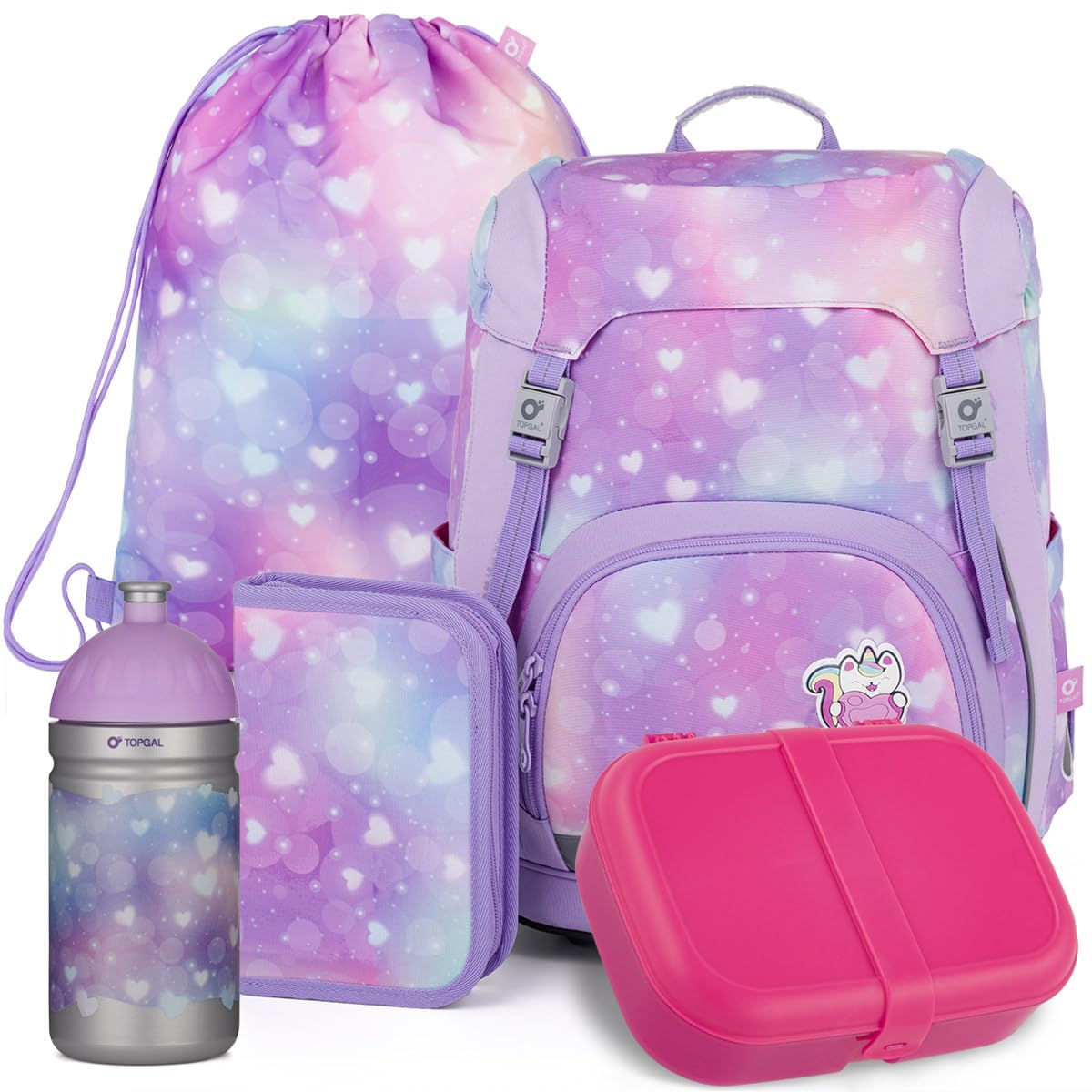 TOPGAL Schulranzen Set Mädchen ab 1 Klasse, 5 Teilig, Kinder Schultasche Erstklässler, Ergonomischer Schulrucksack für erste klasse. Lila Rosa Grundschule Ranzen mit Brustgurt (Herz)