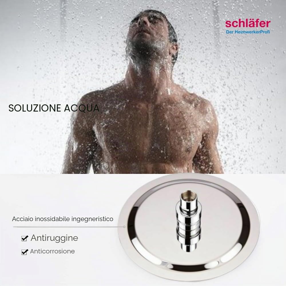 Schläfer 134800 | Rondo- Soffione Doccia Tondo 20cm Ultra Sottile in Acciaio Inox a Pioggia Anticalcare Alta Pressione, Snodo Regolabile Universale G 1/2, Cromo, Argento