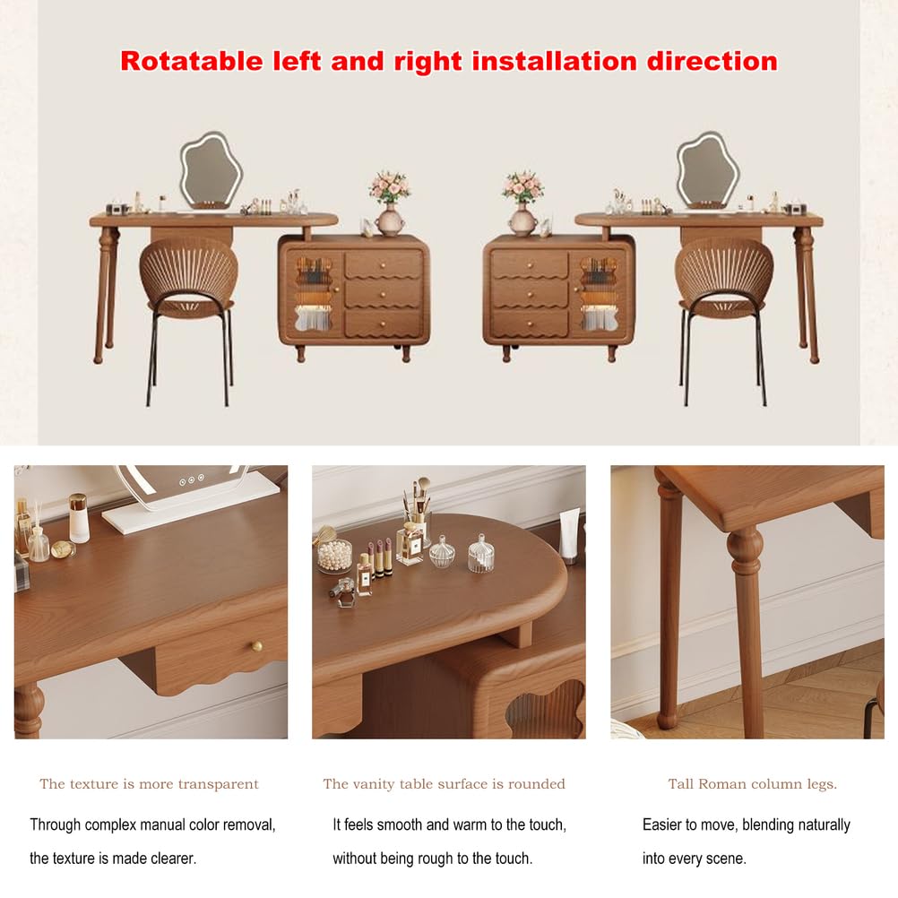 Tavolo da trucco asimmetrico con cassetti e armadietto, 3 modalità di illuminazione per camera da letto, design moderno, elegante tavolo da toeletta ideale per gli amanti del trucco