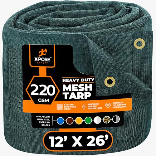 Xpose Safety Heavy Duty Green Mesh Tarp 12' x 26'  70% Sunblock Shade Cloth with Grommets for Garden, Fence, Privacy Screen, Canopies, Dump Trucks, Pool Cover  Tear & Weather Resistant