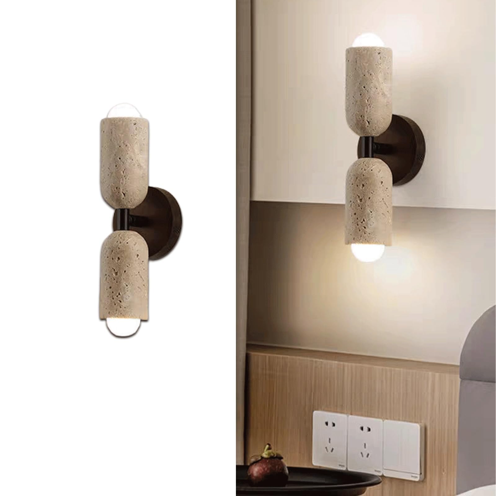 NHPJFDC Modern Travertine Wall Sconce, Natural Stone & Solid Wood Dual Up Down Light Fixture, 32cm Tall, Hardwired E26/E27 Ambient Lighting for Bedroom, Living Room, Hallway, Japandi Decor T-155