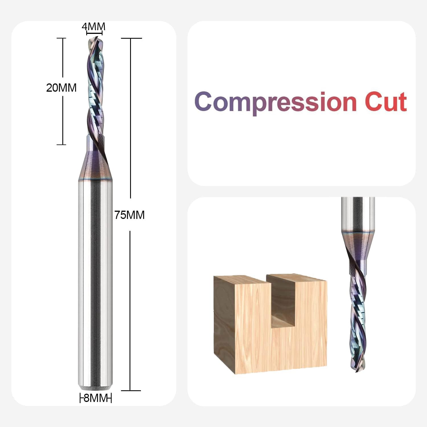 SpeTool Fresa de ranura en espiral de 8 mm, eje de compresión, 4 mm, diámetro de corte, 20 mm, longitud de corte, fresa en espiral, fresa de ranura con revestimiento TAC CNC para fresadora de madera,