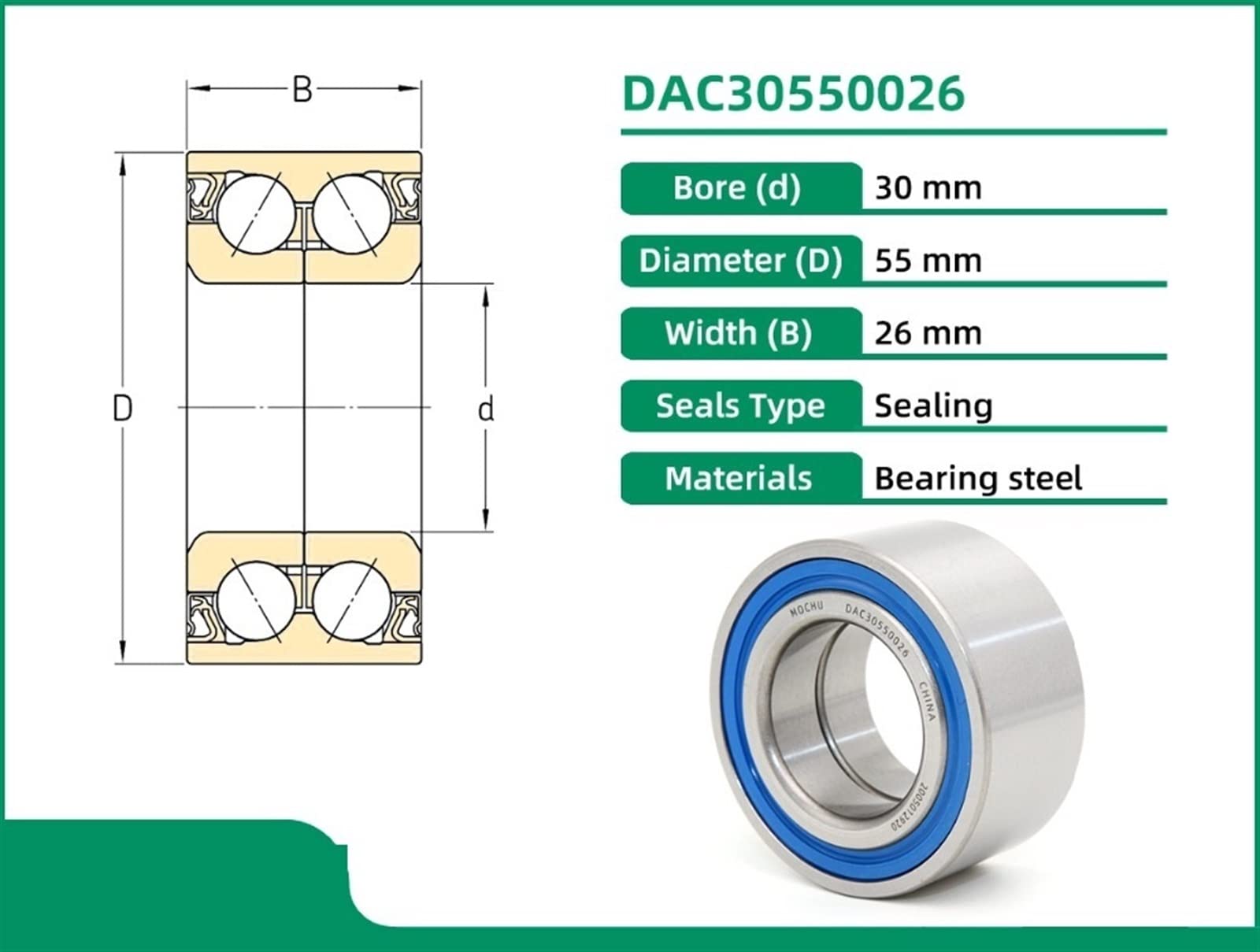 saako DAC30550026 30X55X26 30BWD08 Cojinete de Rueda Cojinetes de Cubo Cojinetes de Bolas de Contacto Angular 1 Piezas