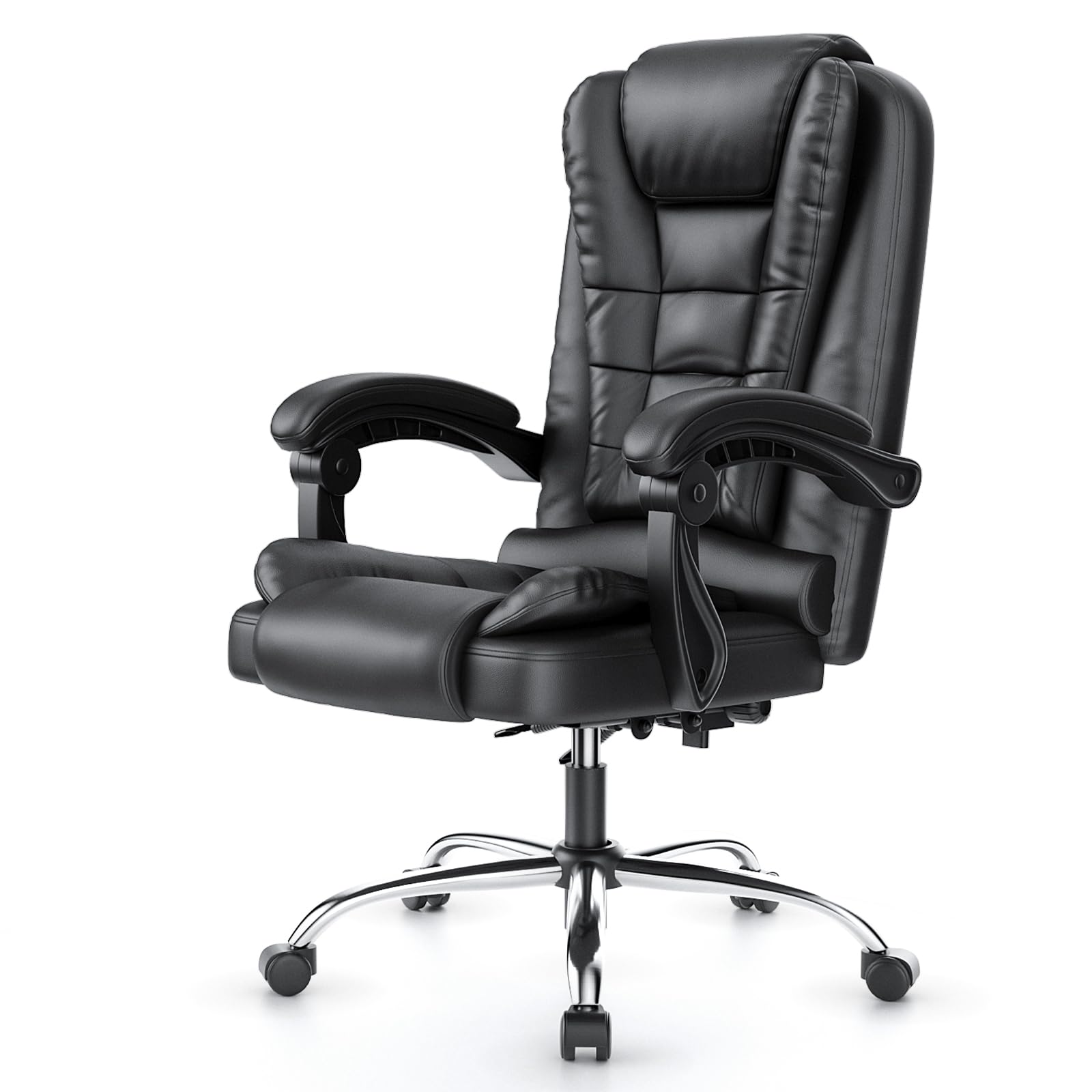rattantree Silla de Oficina Ergonómica, Silla Giratoria de Cuero PU, Negro | Silla de Escritorio con Reposabrazos Acolchado, Función de Inclinación, Ajustable en Altura, Silla Ejecutiva con Ruedas