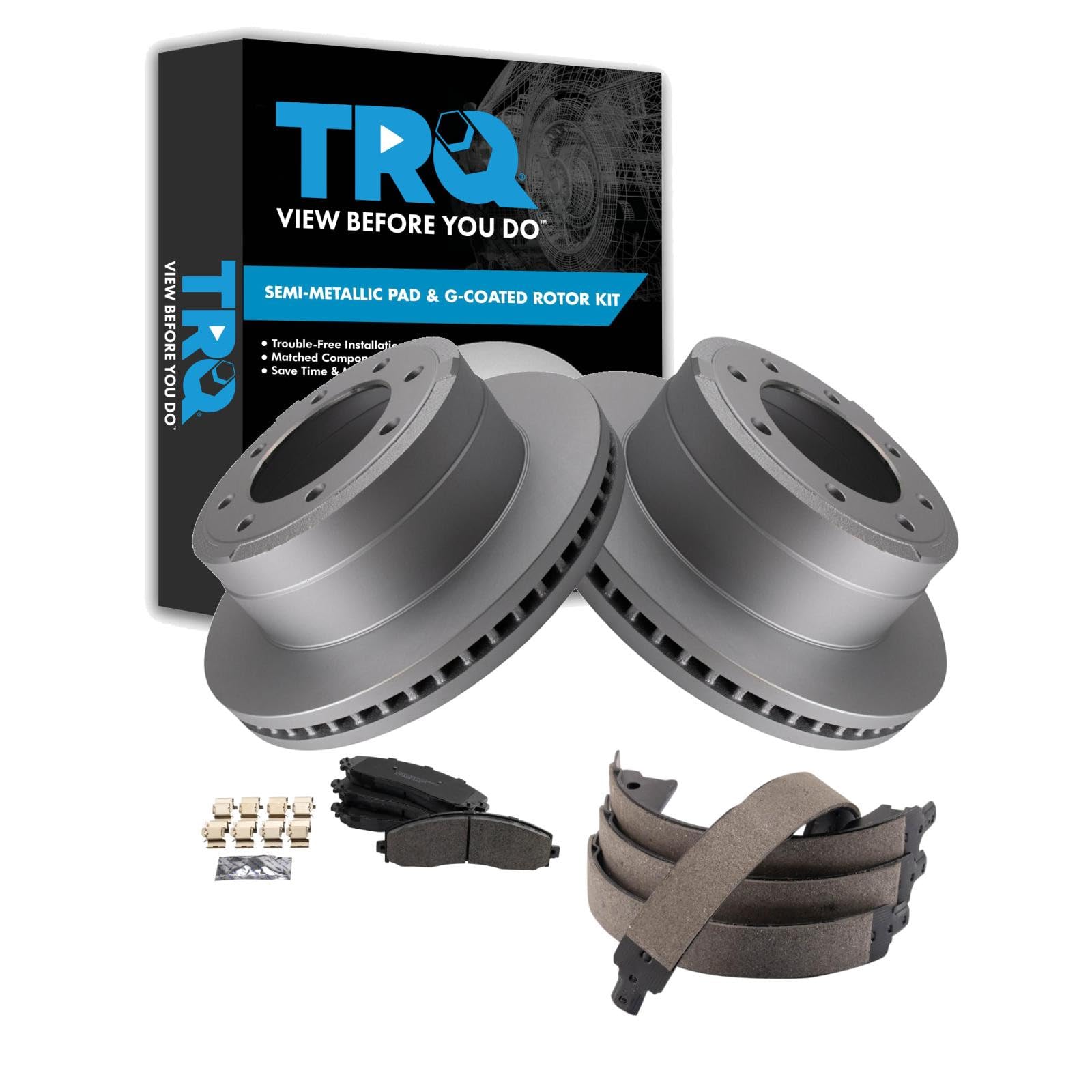 TRQ Rear Brake Pad &amp; Rotor Kit Parking Brake Shoe Set Semi-Metallic Premium G-Coated Compatible with 2013-2021 Ford F-250 Super Duty F-350 Super Duty