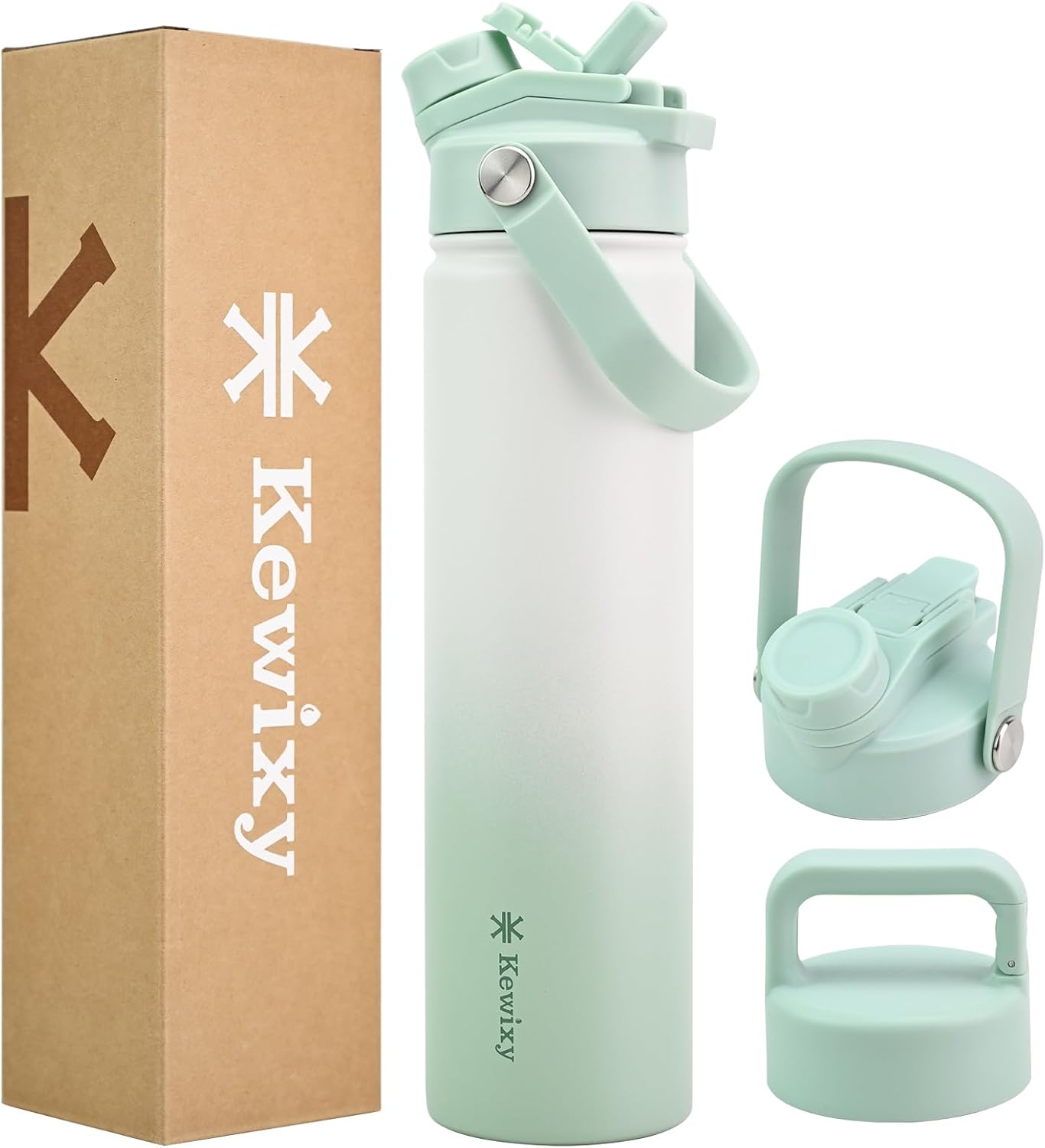 Botella de agua aislada de 24 onzas, tapa 2 en 1, popote y boquilla con protección a prueba de fugas, mantiene el frío, acero inoxidable, metal,