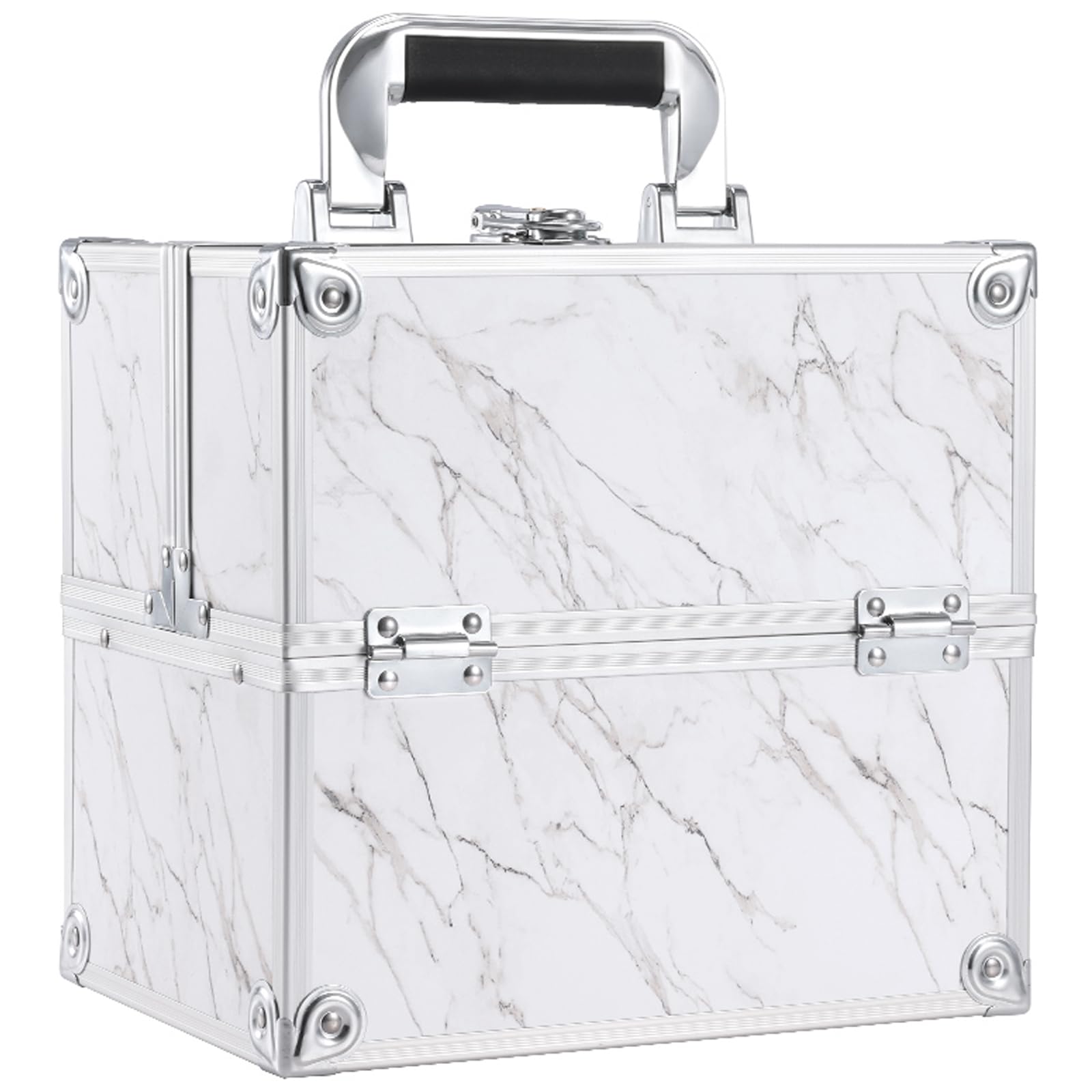 Frenessa Portable Marble Leather Makeup Case, 4 Trays, Nail Makeup Storage Organizer, White (White Marble), White (White Marble)