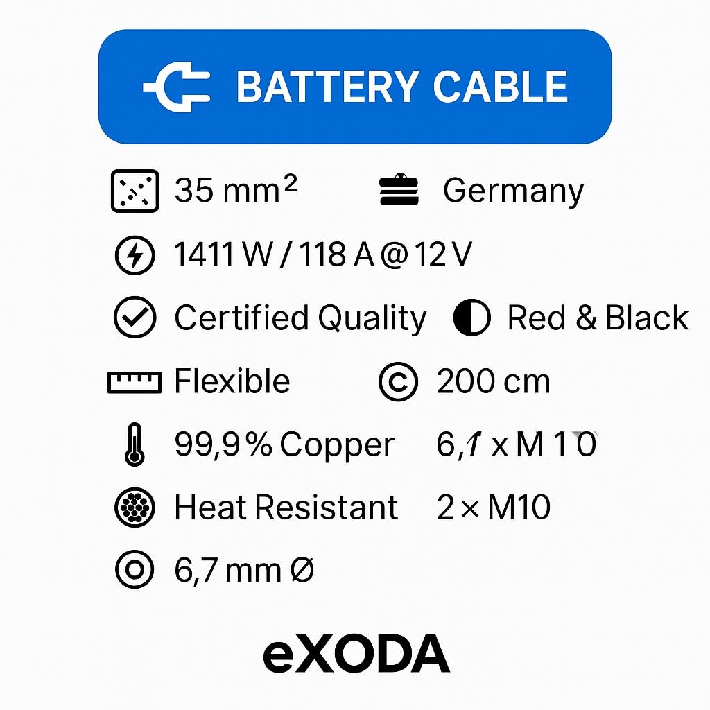 Exoda set di cavi batteria 200 cm 35 mm² M10 rosso nero auto barca moto | Cavo della batteria, 200 cm di lunghezza, 35 mm² di sezione, rosso e nero, per auto, barca, moto, resistente alla temperatura