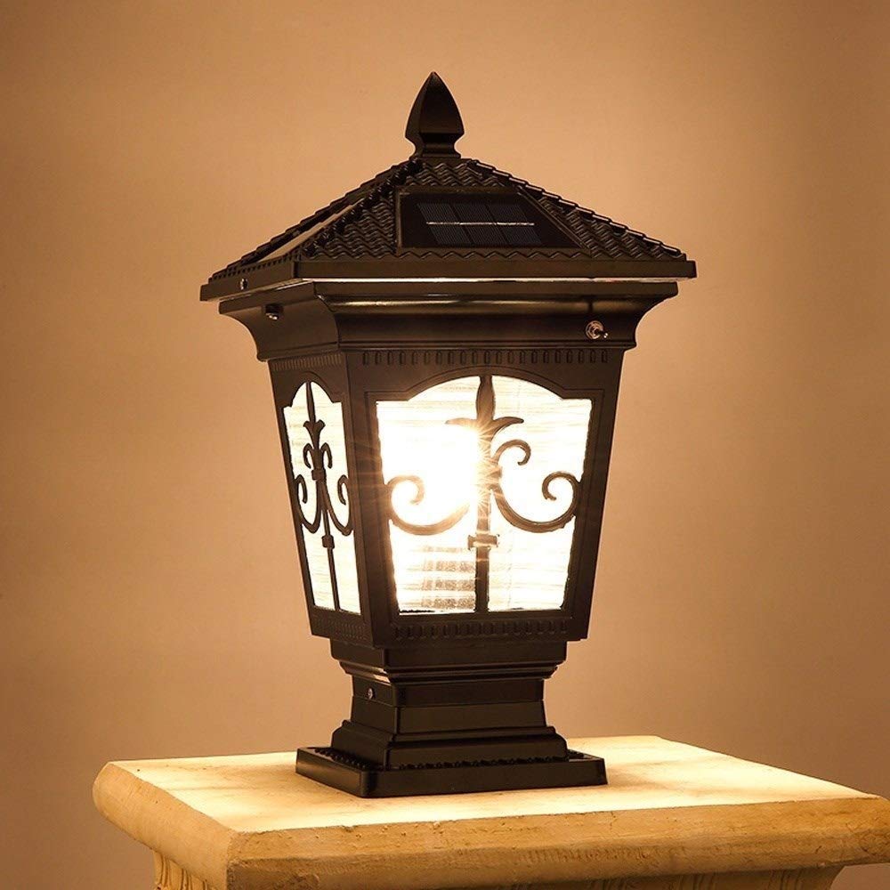 Colonna Luminosa a LED Solare con Custodia in Alluminio Nero, cancello, Portico, pilastro in Pietra, Lampada a Colonna retrò, Lussuosa Collezione coloniale contemporanea,50 * 30cm