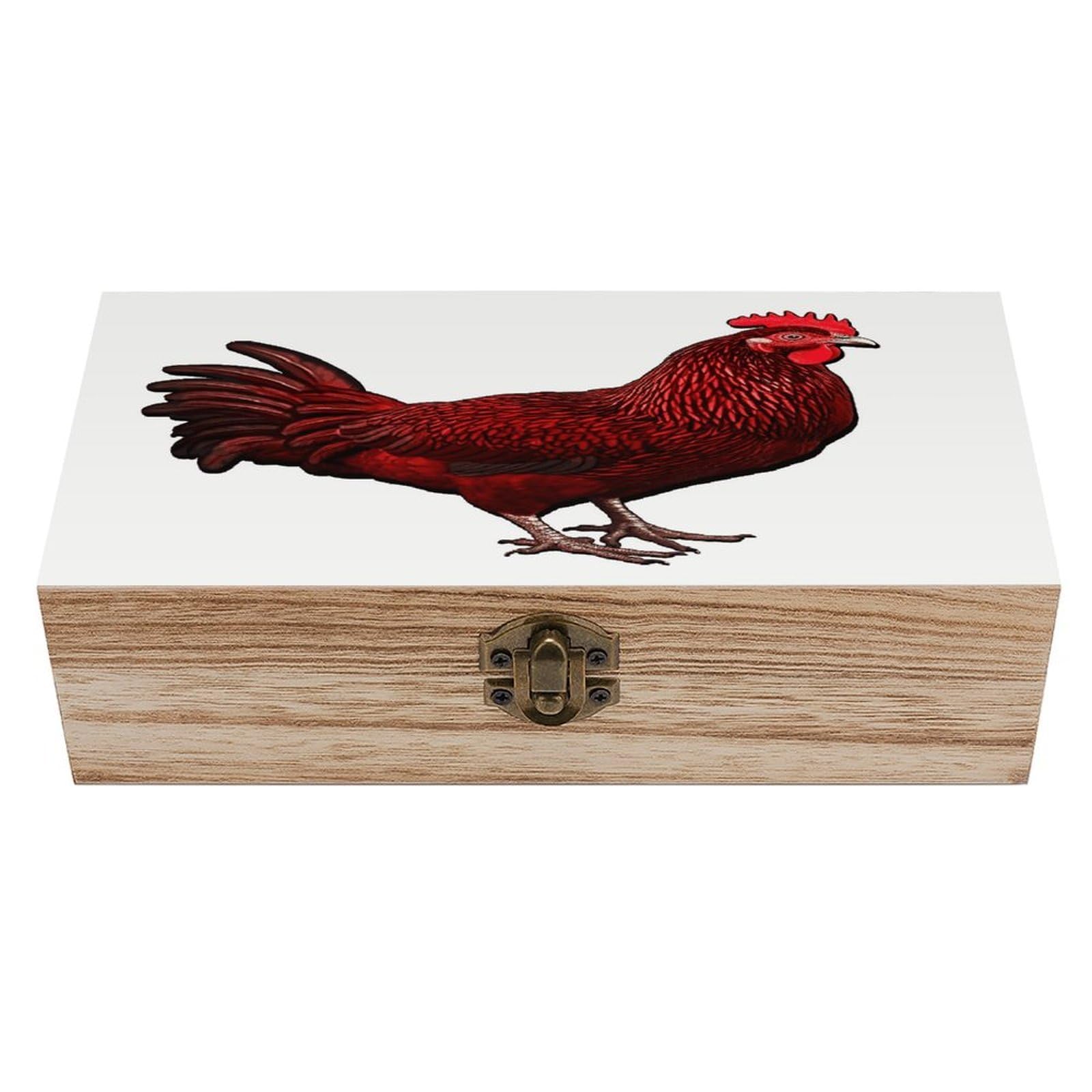 FekiLoot Red Chicken Wooden Storage Box Rustic Jewelry Box with Hinged Lid Large Jewelry Storage Case Beautifully Keepsake Boxes Unique Gift Ideas for Men & Women