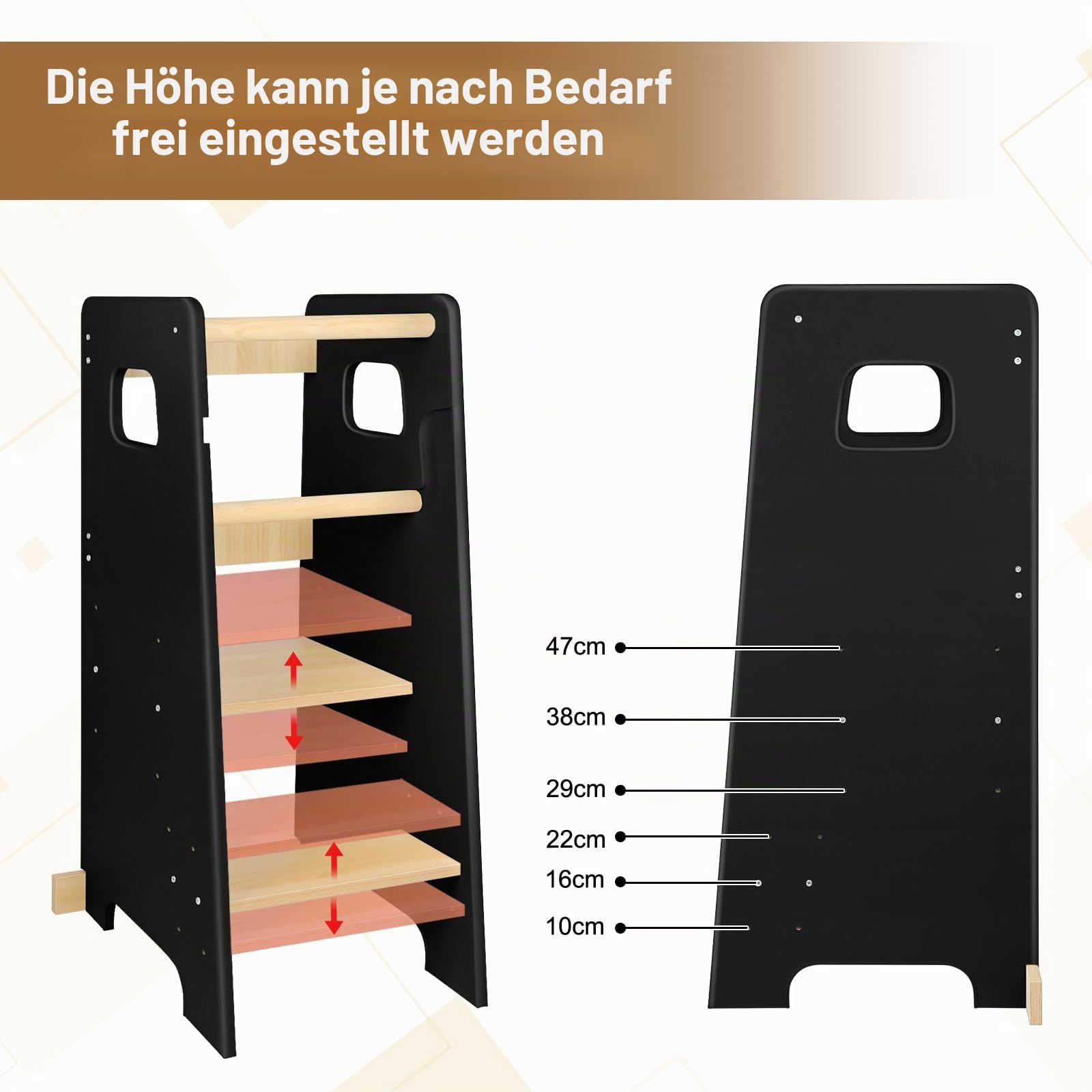 Montessori Lernturm aus Holz – Lernturm für Kinder – Rutschhemmende Füße Montessori-Methode (Schwarz, 90 x 42 x 40 cm)