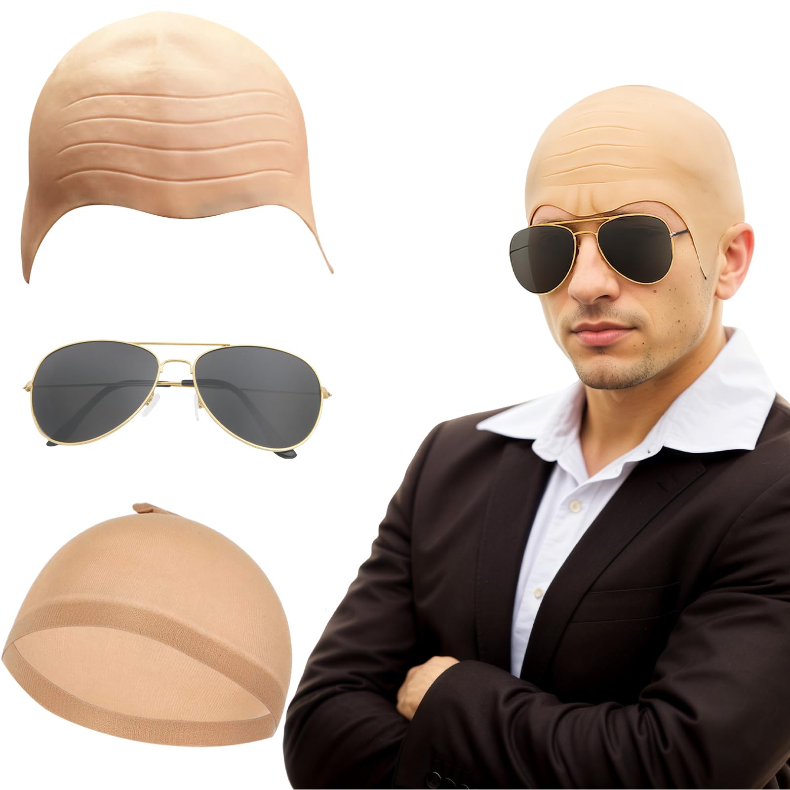 MUNSKT Bald Caps for Adults Men Women Costume Accessory Makeup Bald Head Wig Cap Costume Set Bald Cap Sunglasses