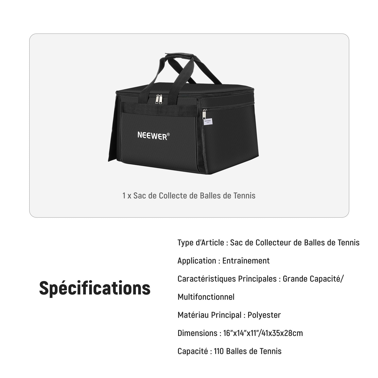 NEEWER Sac de Transport pour 110 Balles de Tennis & Pickleball Polyester Robuste pour Chariot ramasseur TB01S, Panier Caddy Léger & Portable pour Baseball & Golf avec Poches Latérales, TB01B