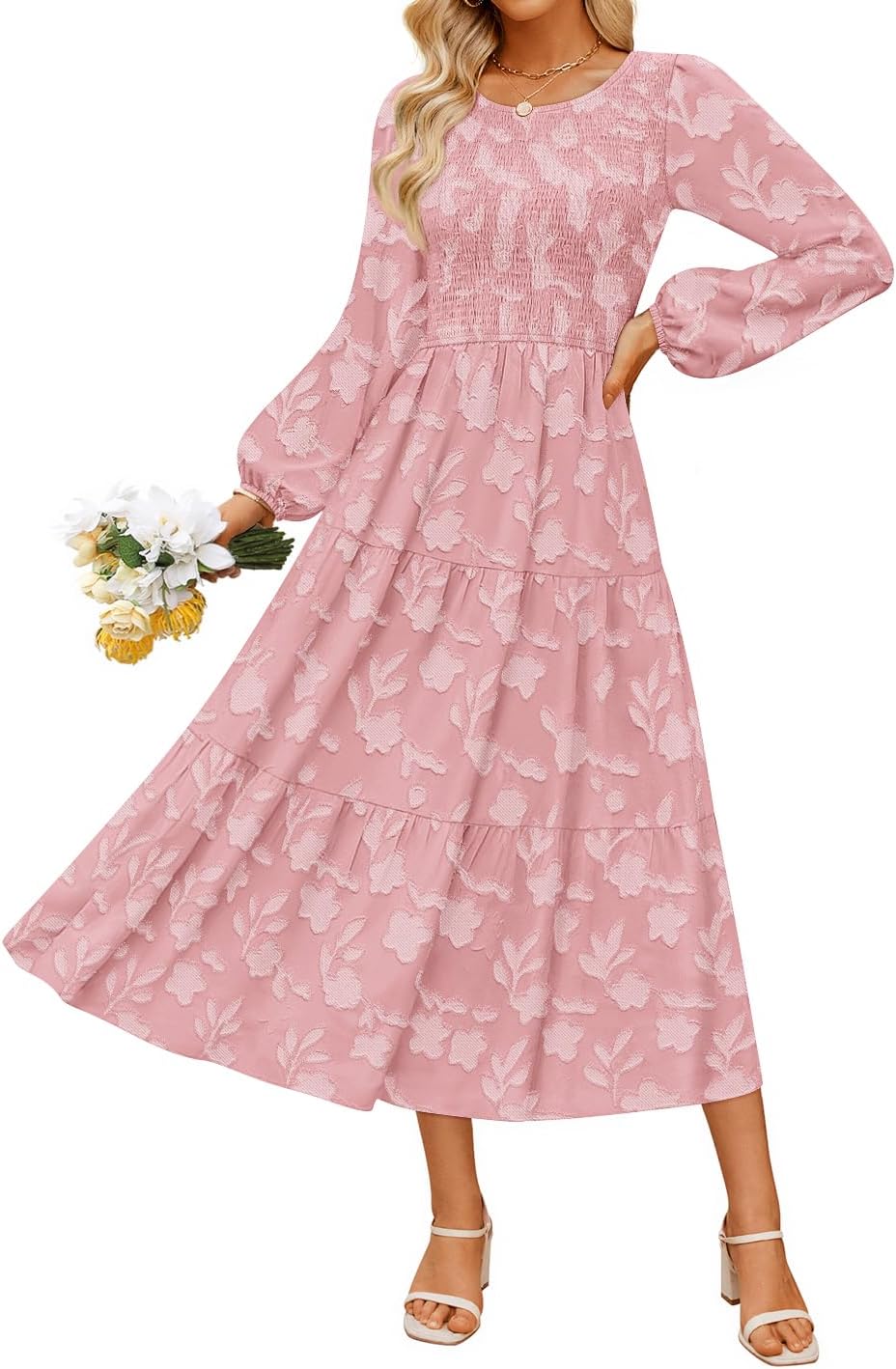 ZESICA Women's Fall Boho Floral Midi Dress 2026 Casual Long Sleeve Crewneck Flowy Wedding Guest Long Dresses