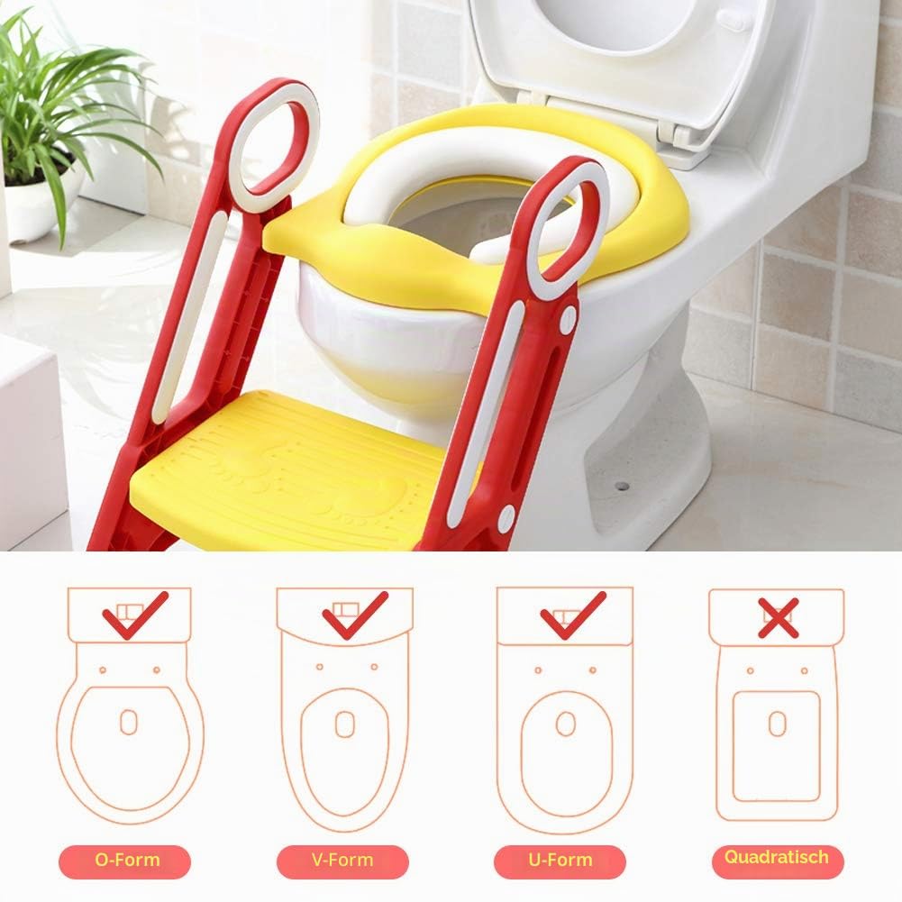 Töpfchentrainer, Toilettenaufsatz Kinder Toilettentrainer Töpfchenstuhl Universal Passend mit verstellbar Treppe Leiter weicher Sitz-Design Klappbar Rutschfest ab 1 Jahre (Rot+Gelb)