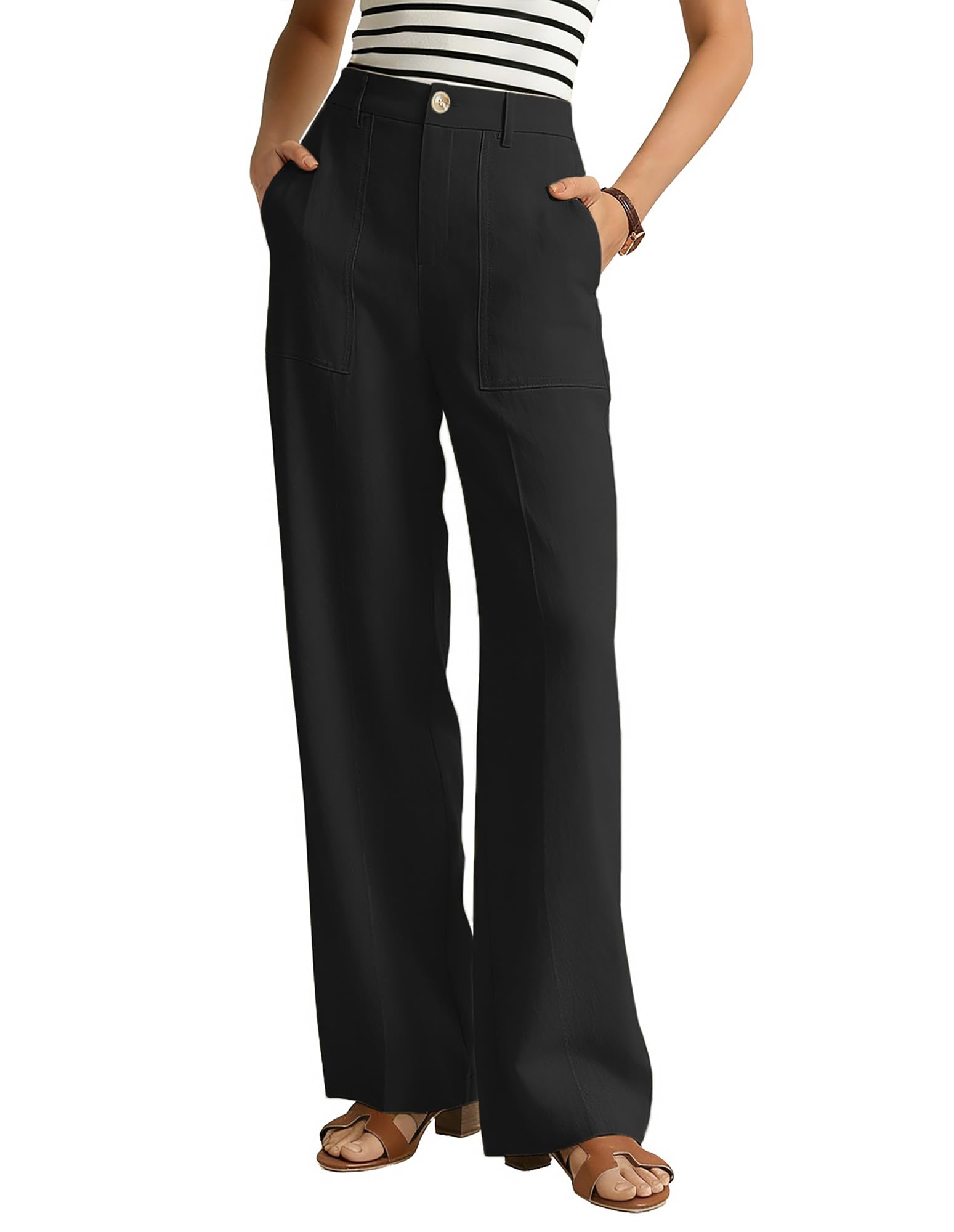 GRACE KARIN Linen Palazzo Pants for Women High Waist Wide Leg Summer Beach Pants with Pockets