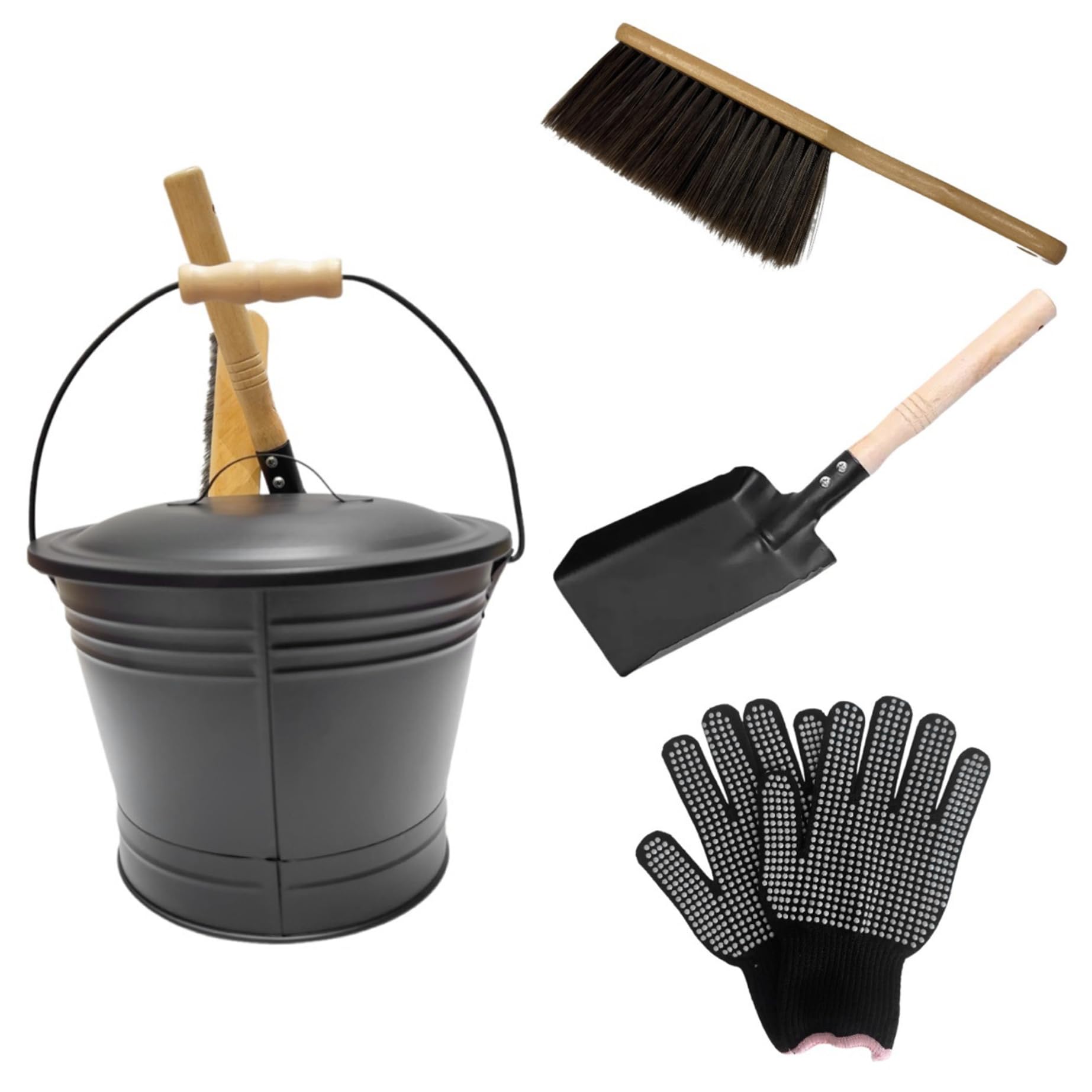 Cakeeyum Black Fireplace Ash Bucket 4Pcs/Set Metal Ash Bucket With Lid, Shovel, Broom And Gloves For Fire Pits, Hearth, Wood Stoves With Lid And Shovel, With, Fireplace