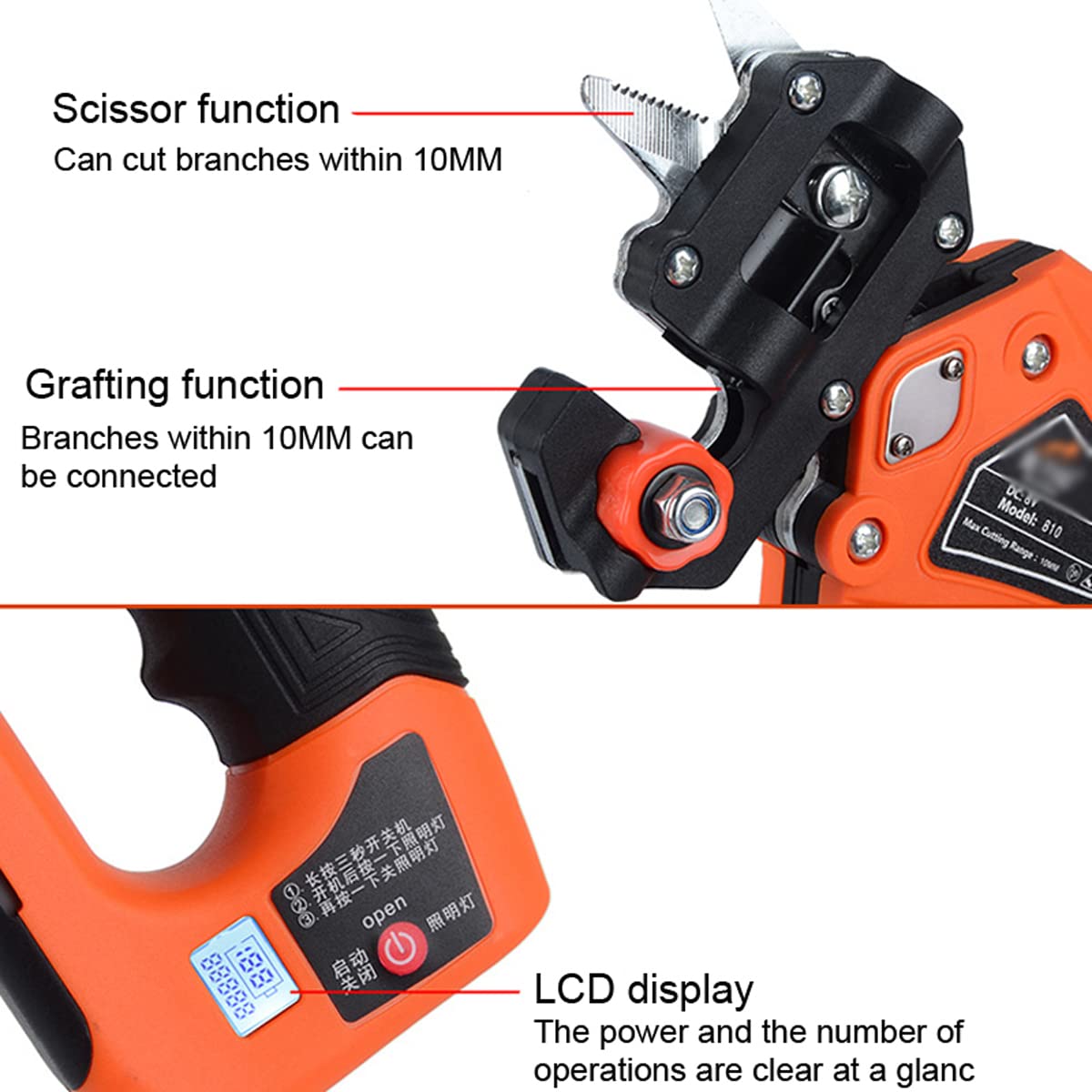 Tijeras de podar eléctricas para injertos, pantalla LCD, tijeras de podar para injertos de plántulas de árboles frutales, herramienta de jardinería, podadora de cuchillos para injertos, adecuada para