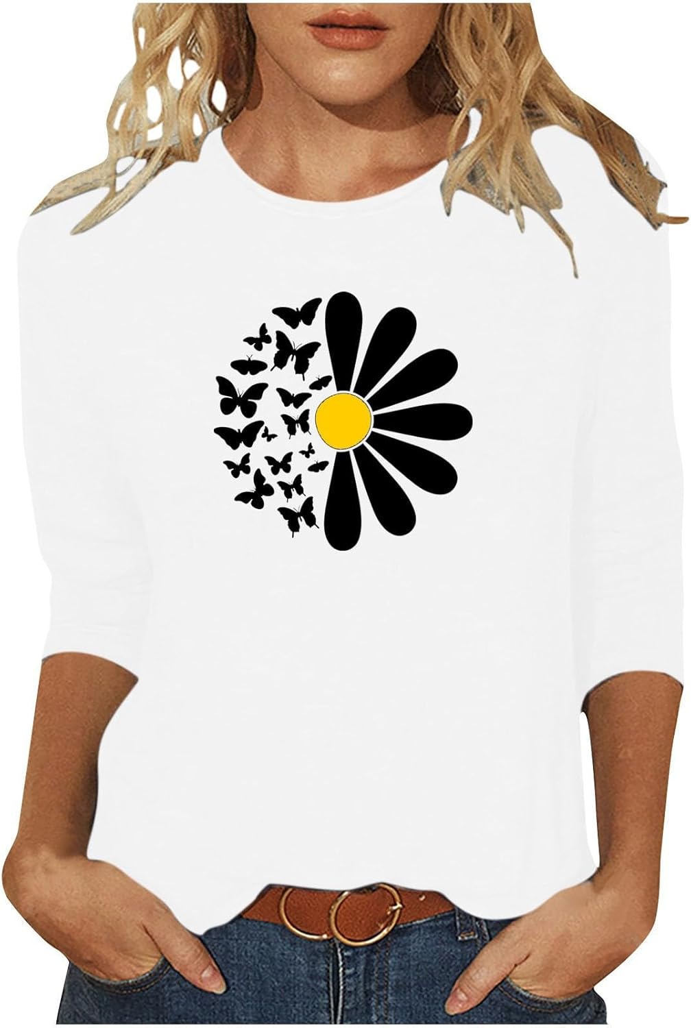 Women Floral Printed Shirt Casual 3/4 Sleeve T-shirts Loose Fit Round Neck Tops Soft Comfy 2024 Summer for Womens