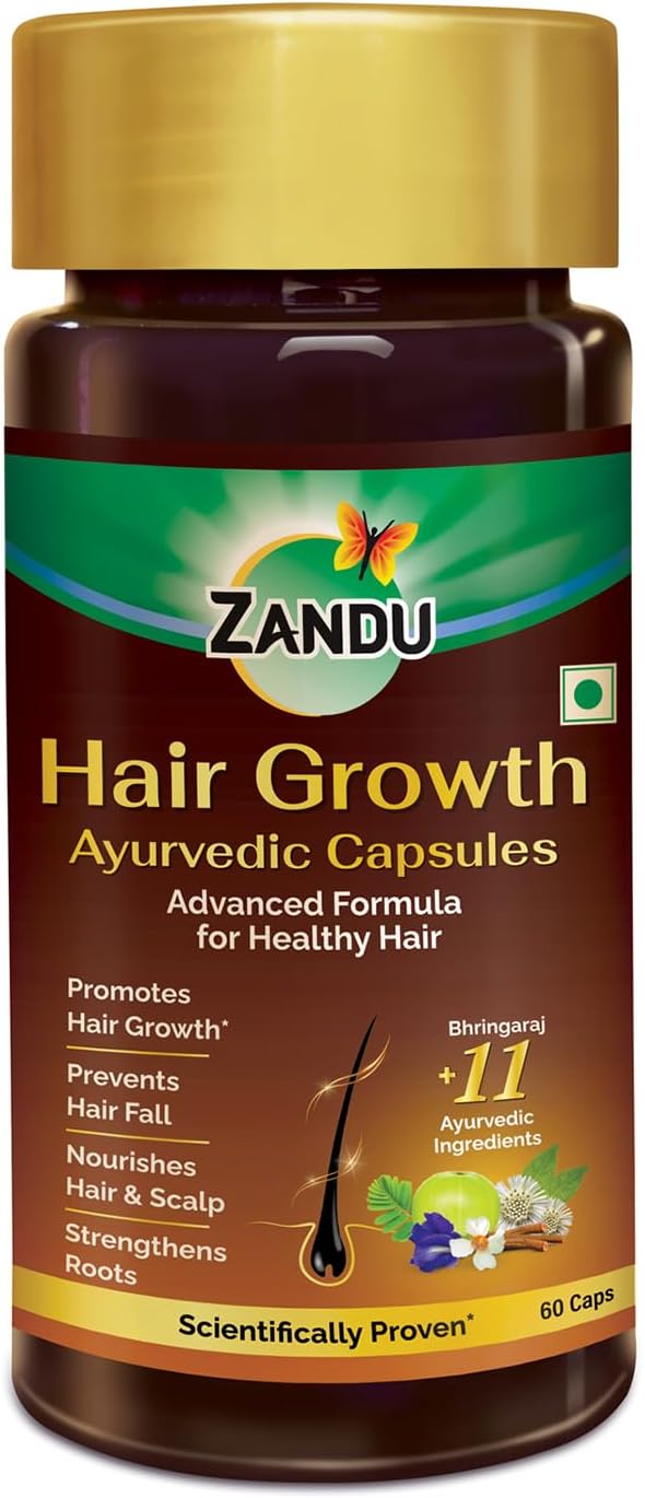 Zandu Hair Growth Ayurvedic Capsule- 60 Caps |Scientifically Proven for Hair Growth | Reduces Hair Fall | DHT Blocker | Strengthens Hair | Bhringraj, Amla & other Herbs |100% Ayurvedic|For Men & Women