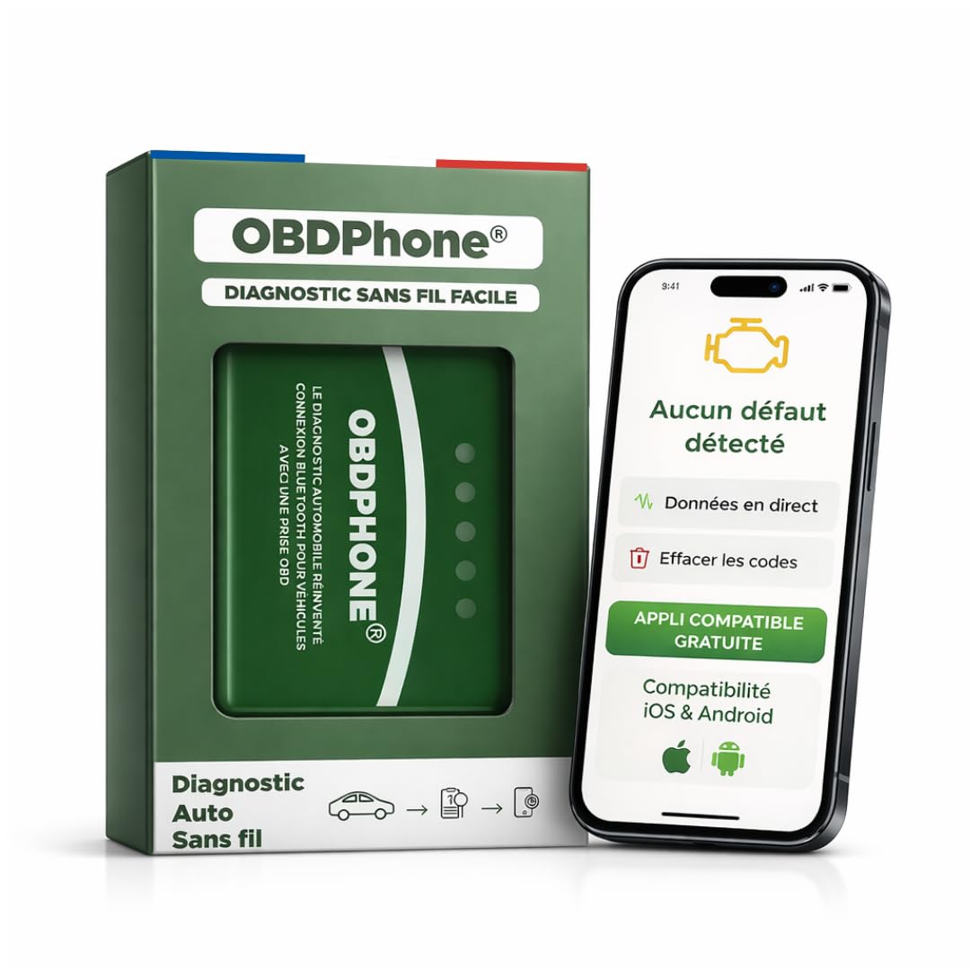 Lecteur OBD2 Bluetooth OBDPhone® - Valise Diagnostic Voiture Multimarque - Lecture & Effacement Codes Défaut Moteur - Données du Moteur en Direct - iOS & Android - Support Français 24/7 + Offre IA