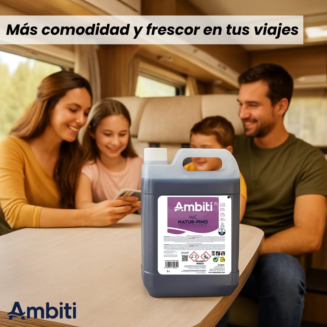 Ambiti | Natur Pino 5L | Aditivo para Depósito de Residuos Aguas Negras | Inodoros Portátiles de Autocaravanas, Caravanas y Barcos | Elimina Olores,residuos y Desinfecta | Fragancia a Pino