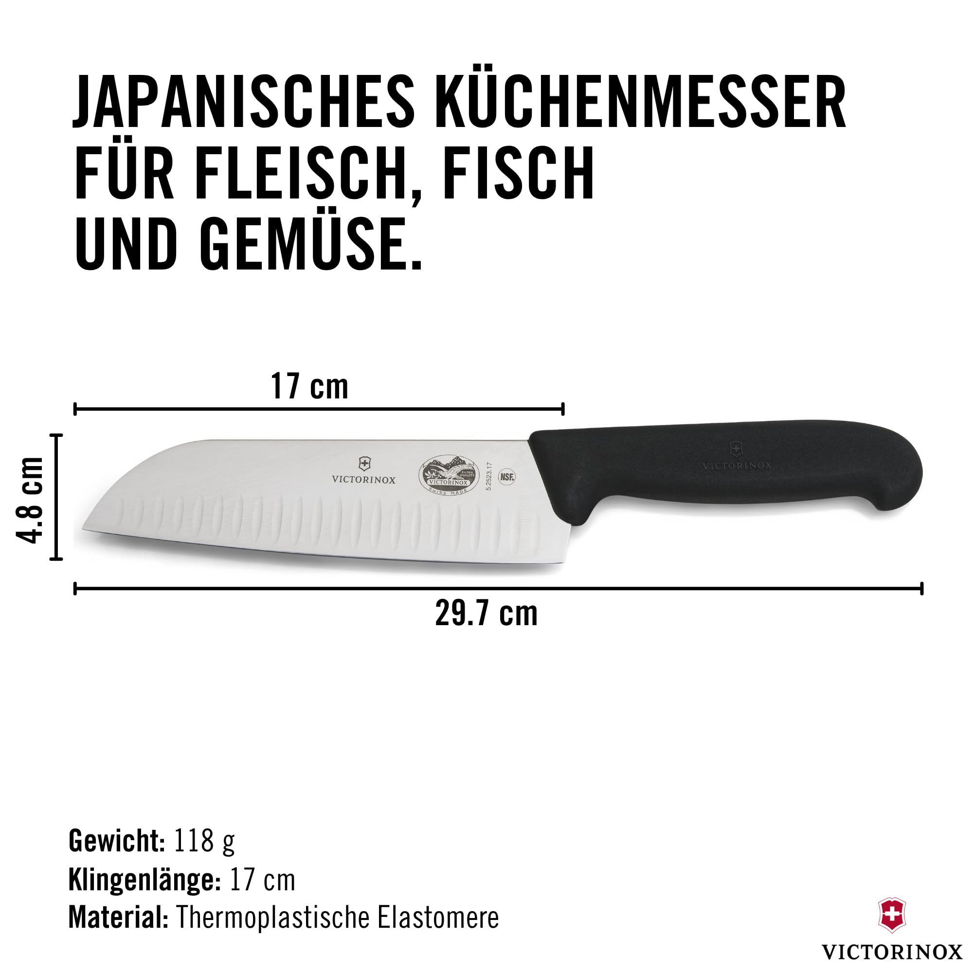 Victorinox Fibrox Santokumesser mit Kullenschliff, Japanisches Küchenmesser für Fleisch, Fisch und Gemüse, 17 cm, Scharf, HACCP geeignet, Schwarz