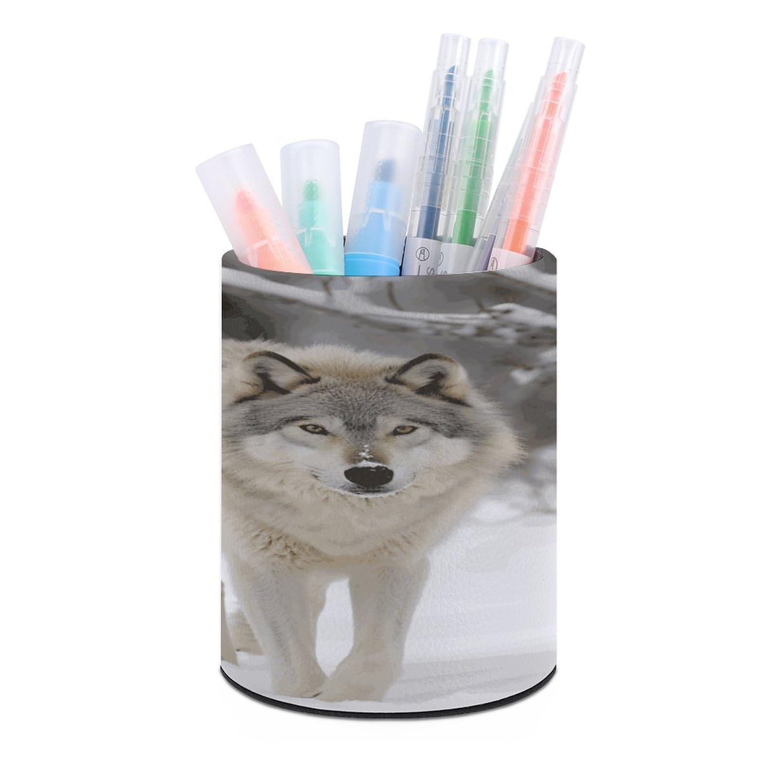 MUSM Two Wolves Walking in The Snow Pen Holder Round PU Leather Pencil Cup Waterproof Pencil Holder for Desk Pen Cup Pen Organizer Pencil Organizer Makeup Brush Holders for Home Office Decor