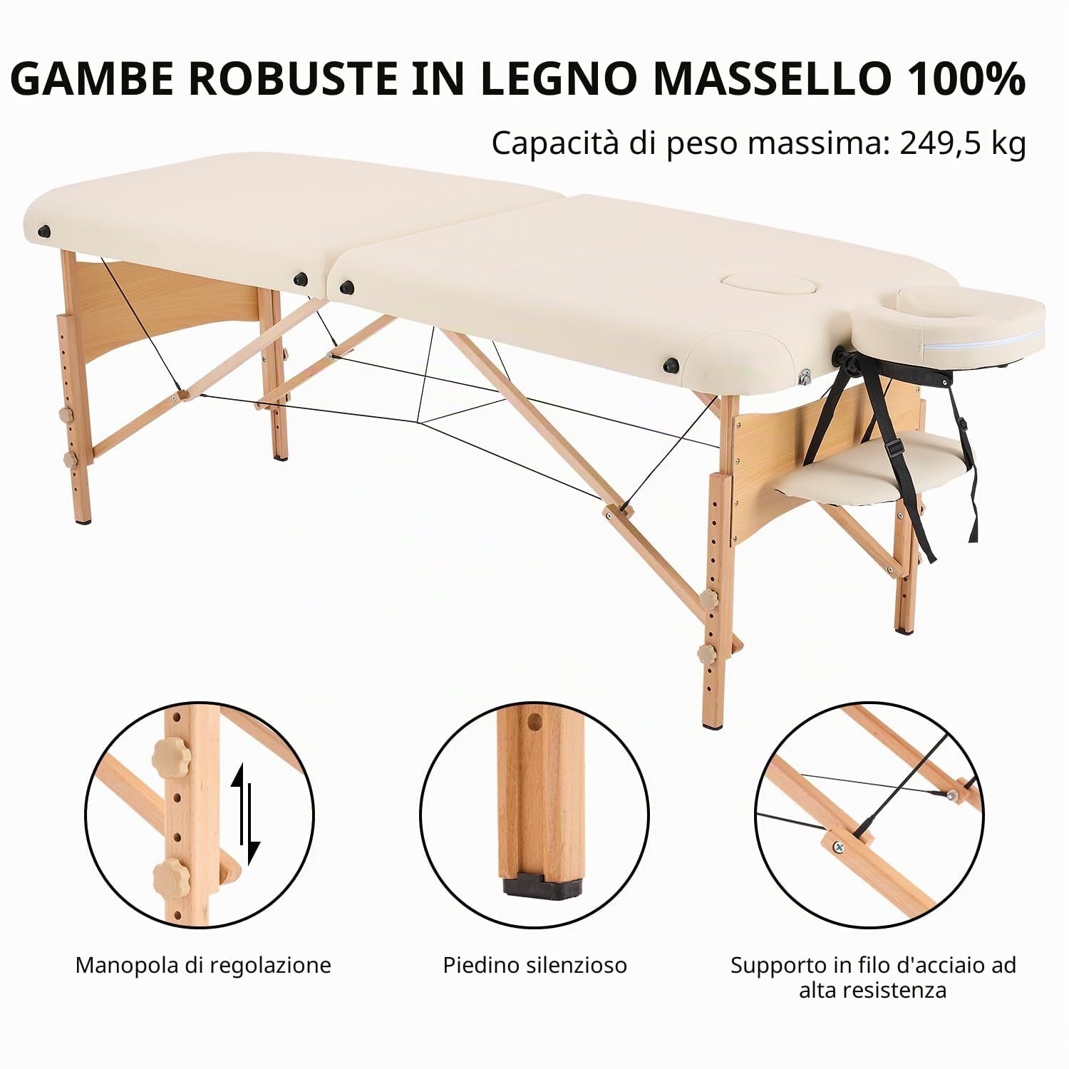 YOUNIKE Lettino da Massaggio a 2 Zone in Legno Lettino Massaggio Regolabile Imbottitura Comfort Poggiatesta Multifunzione con Borsa per Trasporto Inclusa, Capacità 250 kg Beige