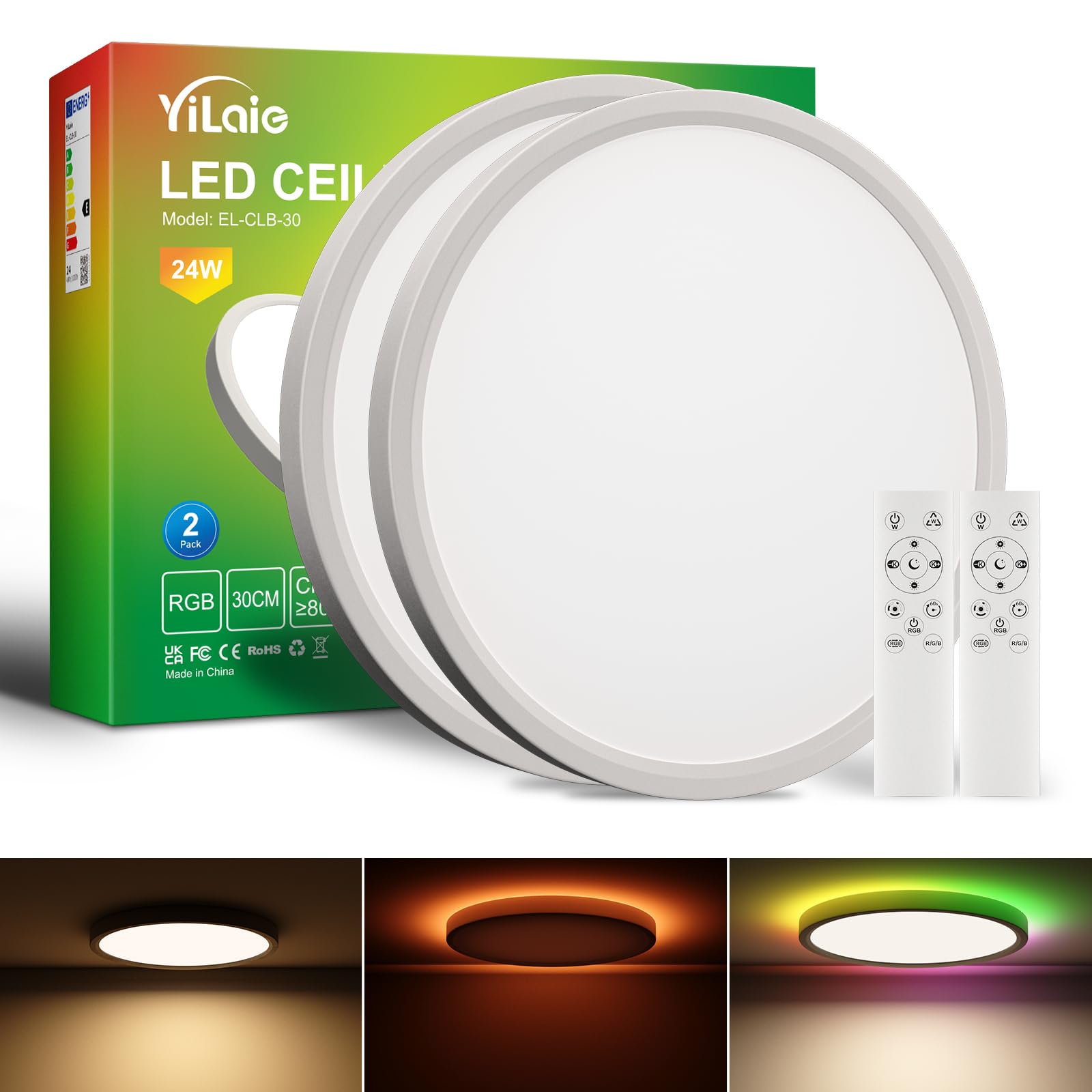 YiLaie Pack 2x Plafon LED Techo Regulable 24W,RGB Cambio Color Redonda Lámpara de techo,3000K-6500K lampara techo dormitorio,IP44 Impermeable,Ø30CM,Para Salón Cocina Baño