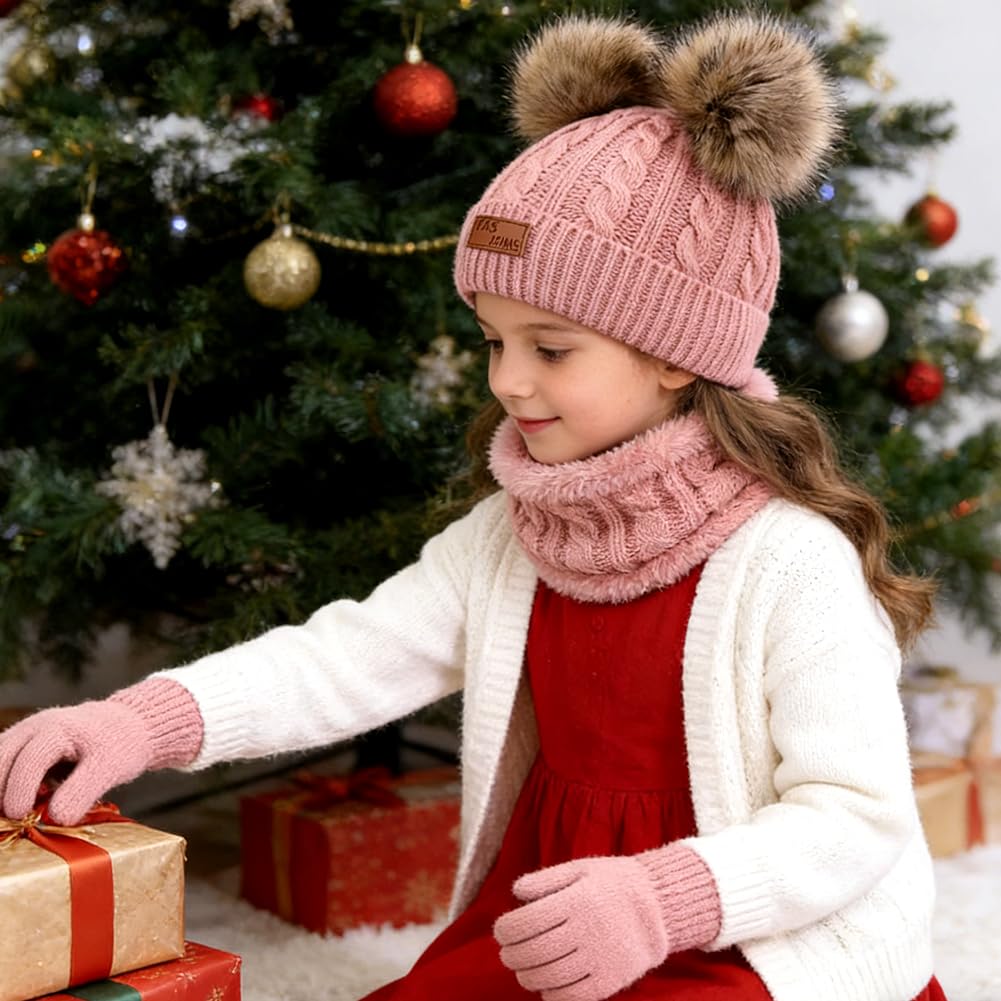 Set de Bufanda Gorro y Guantes, Conjunto de Bufanda Sombrero y Gorro Niño Invierno, Gorros con Pompon Lana NiñoBraga Cuello Polar y guantes de punto cálidos para niño 2-6 Años