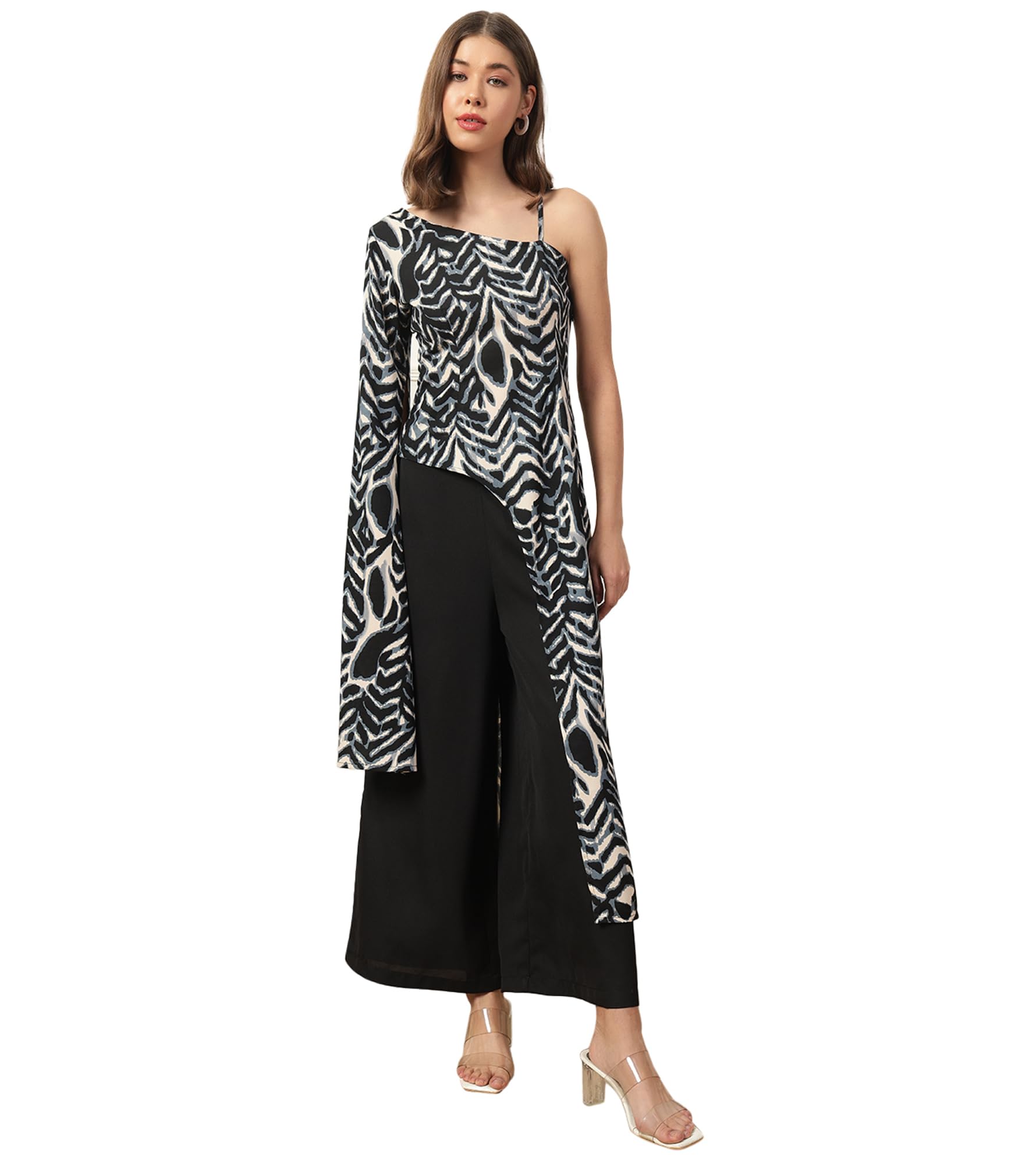 deebaco Animal Printed One Shoulder Long Length Tunic With Solid Palazzos Women's Co-Ord Set|Long Bell Sleeves Regular Fit Ladies Western Casual Wear Cord Set-picture-26