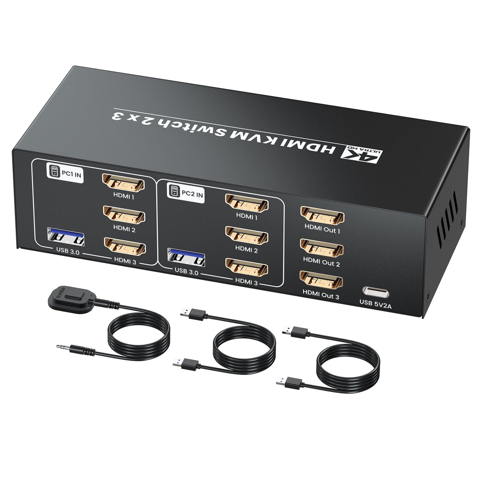 4K/60Hz HDMI KVM Switch 2 Computers 3 Monitors, 2 Port HDMI KVM Switcher 2 in 3 Out for 2 PC Share 3 Monitors and 4 USB 3.0 Ports, Support Copy Mode/