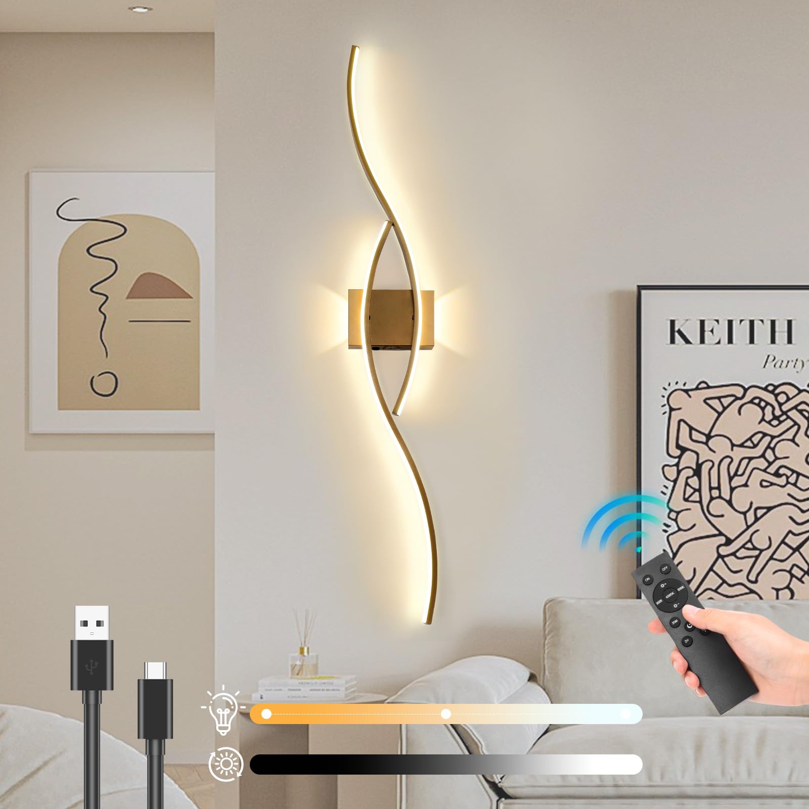 Rechargeable Battery Operated Wall Lights Indoor,100cm Wireless Wall Lights with Remote Control,Stepless Colors 3000K-6000K & Dimming,Morden Touch Wall Sconces for Living Room Bedroom Hallway