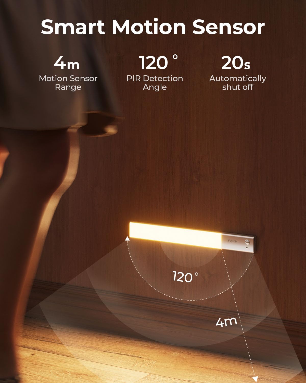 FULEN Lampe LED Rechargeable, 38CM Barre LED Cuisine avec Détecteur de Mouvement Intérieur, Lumière Sans Fil avec Batterie 3500mAh, Éclairage LED Cuisine Sous Meuble, 3 Températures de Couleur,Argent