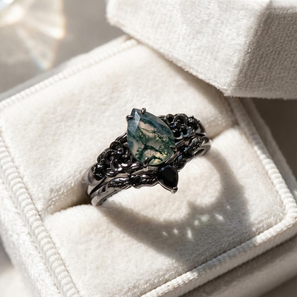 Natural Moss Agate Engagement Black Ring Set for Women Customizable 10K /14K /18K Gold Promise Wedding Stacking Rings Free Engraving Size 4-15