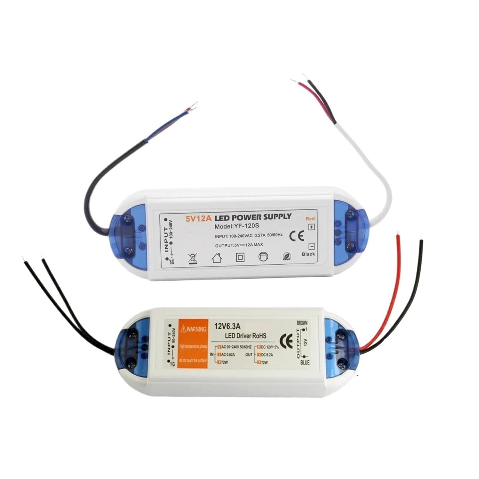 Adaptador de controlador LED de fuente de alimentación de 5V 12V 60W 72W 100W CA 110V 220V a CC 5V 12V 6A 8A 12A 20A Transformador de luz de tira LED Atenuador LED de cable de 2 pines(12V 8A 100W)