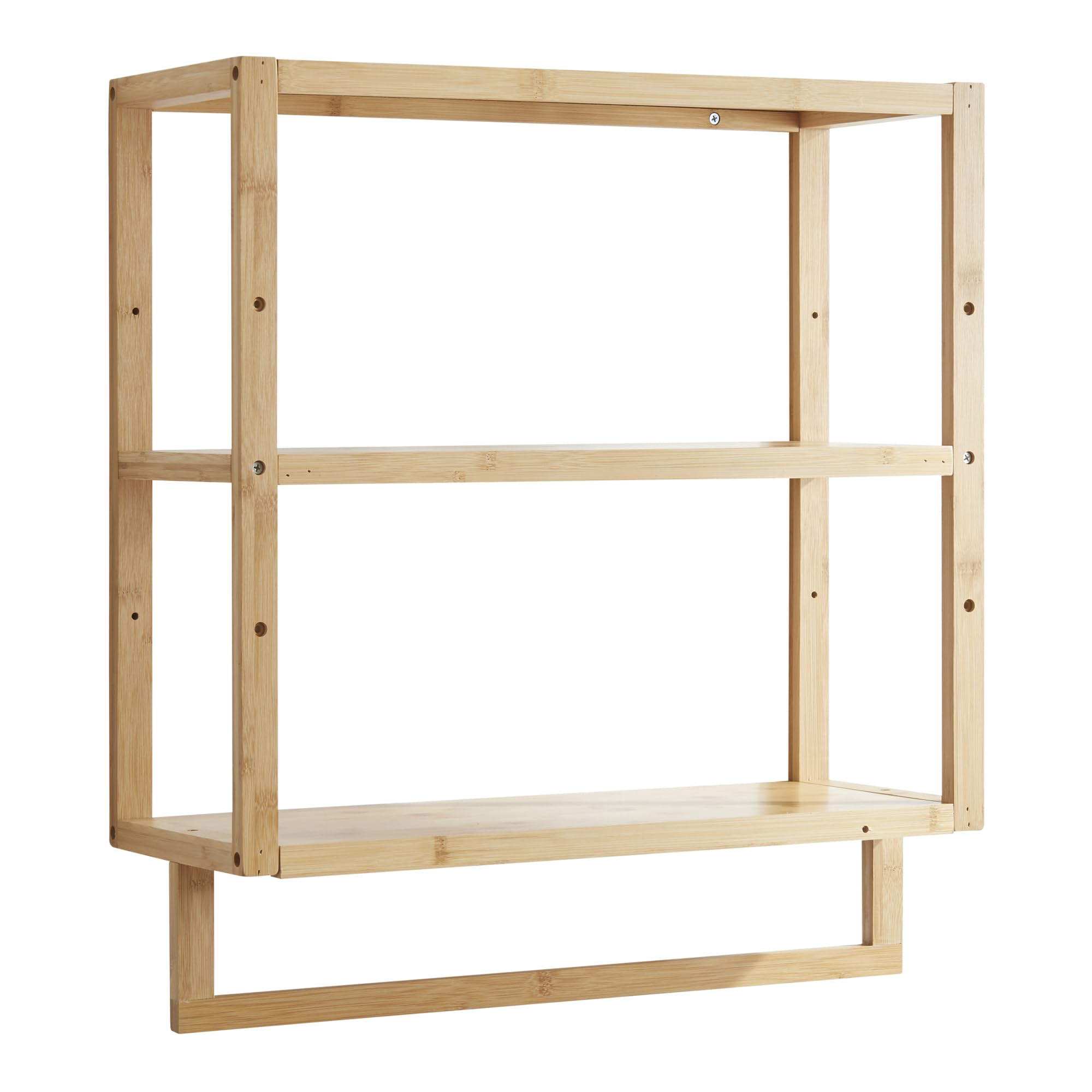 [en.casa] Estantería de Pared para Baño con 3 Estantes y Toallero Mueble de Cocina de 3 Niveles con Barra para Paños de Cocina Bambú 59 x 52 x 21 cm - Natural