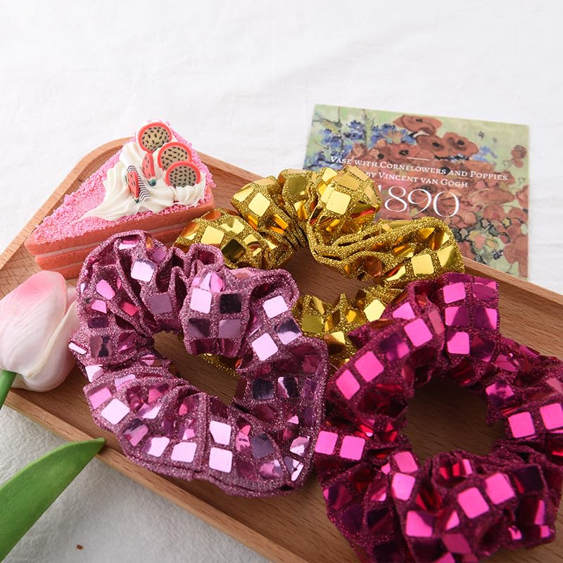 Pink Glitter Hair Accessories for Women Girls Sparkly Sequin Hair Band Y2k Hair Scrunchies for Girls Women Bling Hairband for Party Prom Gold Big Ponytail Holders Sparkly Hairbands 3pcs - Image 3
