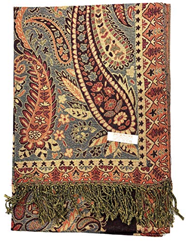 Plum Feathers Metallic Tapestry Ethnic Paisley Pattern Pashmina Scarf2