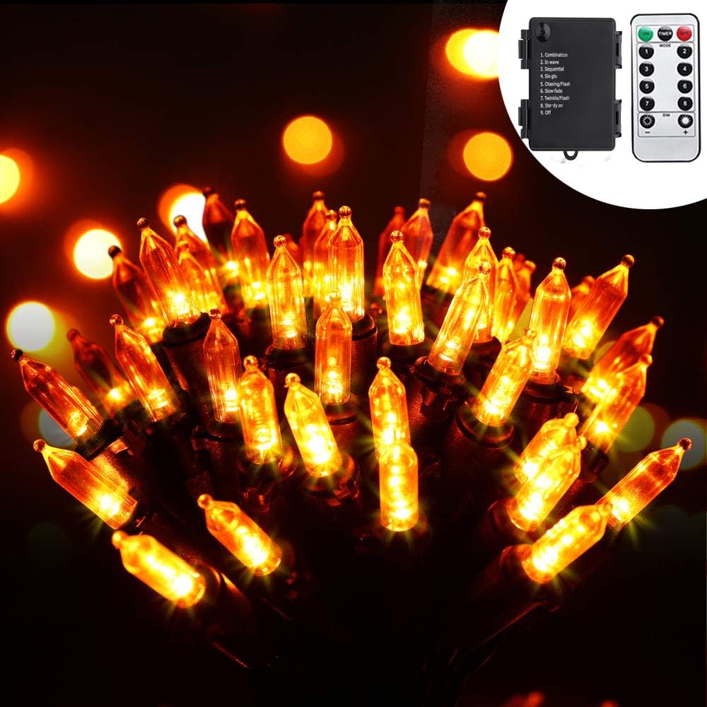 100 LED Halloween String Lights with Remote - 33ft Battery Powered Light with Timer, 8 Modes, Waterproof - Spooky Mini Bulb Lighting for Outside Lawn House Holiday Party Decorations - Amber Orange Purple