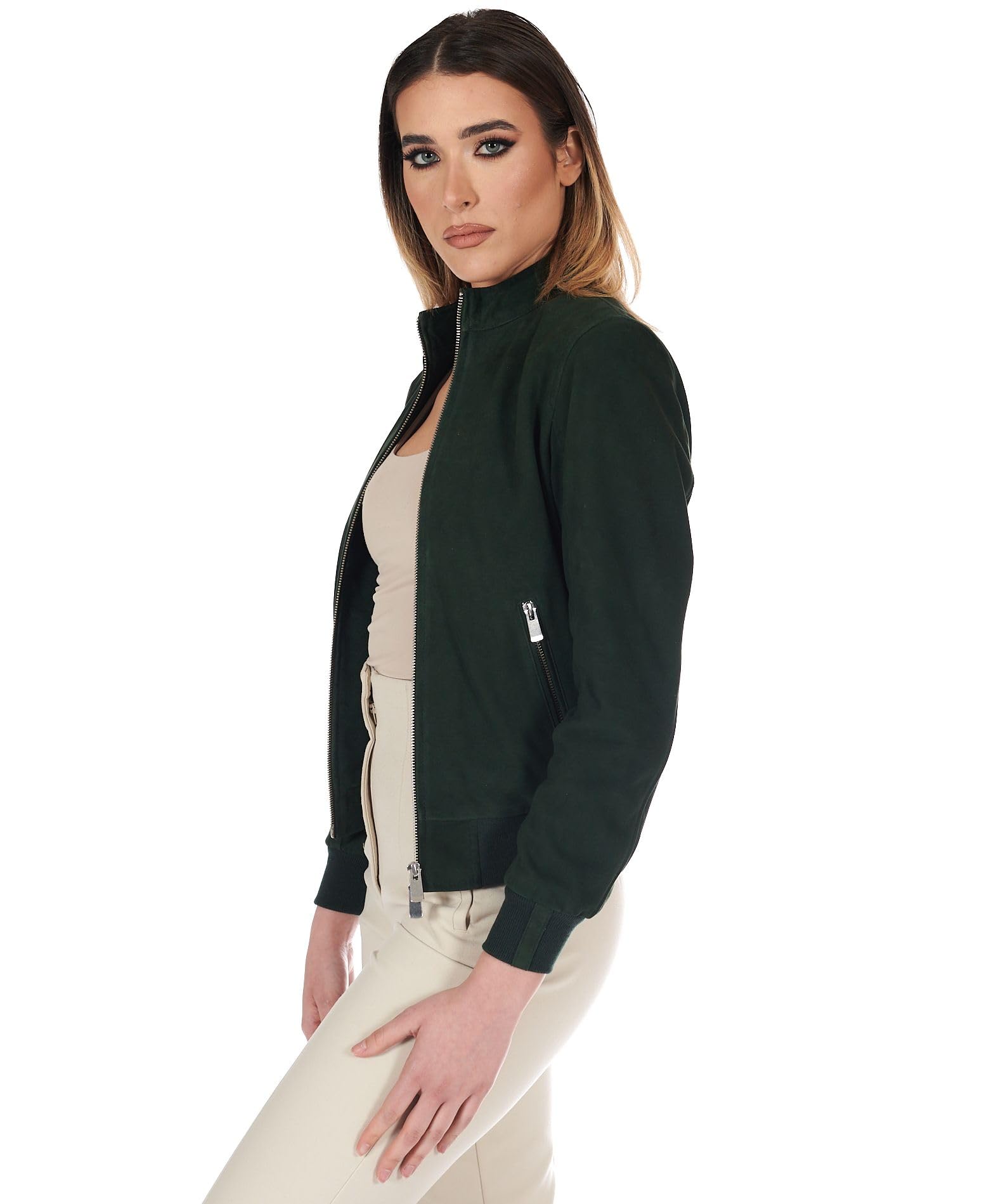 D'Arienzo Bomber Pelle Scamosciata Verde Donna Elastico a Tono Camoscio Vera Pelle G154