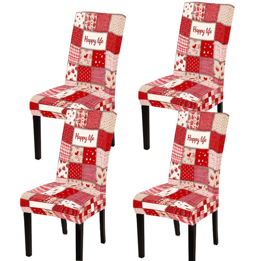Image of Red Patchwork Dining Chair Covers Set of 4, Farmhouse Slipcovers