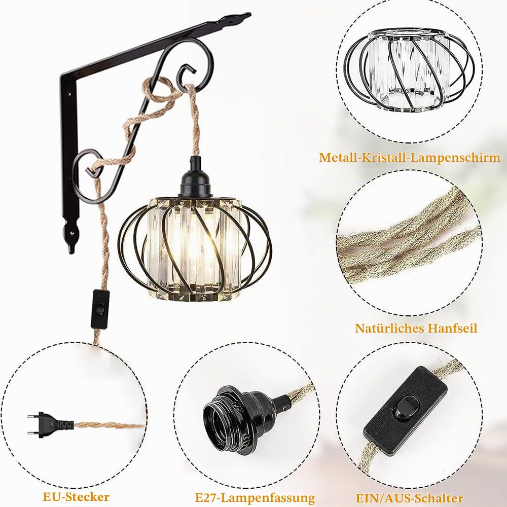 Pendelleuchte Kit mit Stecker E27 Retro Küche Hängelampe Lampenkabel mit 5 Meter Seil Kabel Dimmbar Plug in Hängeleuchte Schwarz Metall Kristall Lampenschirm Kronleuchter für Schlafzimmer Esszimmer