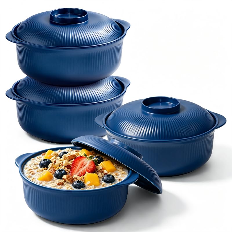 Image of Navy-blue 40oz Cereal Bowls with lid set of 4,Microwave Safe,Family&Camping