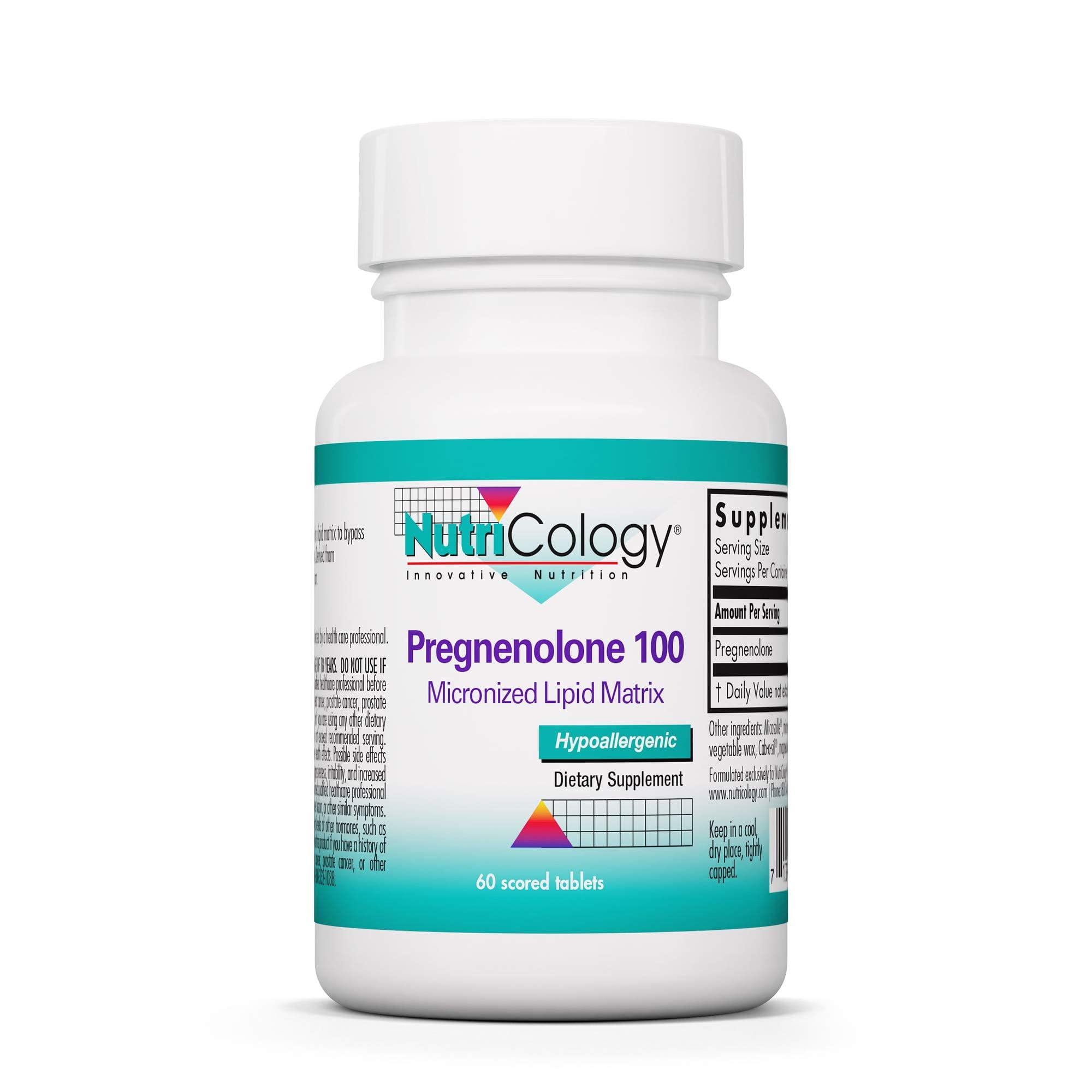 Nutricology Pregnenolone Supplement - Progesterone Supplements, Hormone & Stress Support, Made from Non-GMO Wild Yam, Micronized Lipid Matrix, Plant-Sourced, 100mg Scored Tablets - 60 Count