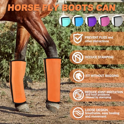 Image of Premium Ventilated Horse Fly Boots & Fly Leggings Set of 4 - Loose-Fitting Fine Mesh with Stay-On Fasteners,Support Strips & Anti-Stomp Design - Breathable,Non-Slip,Sun Protection,Orange