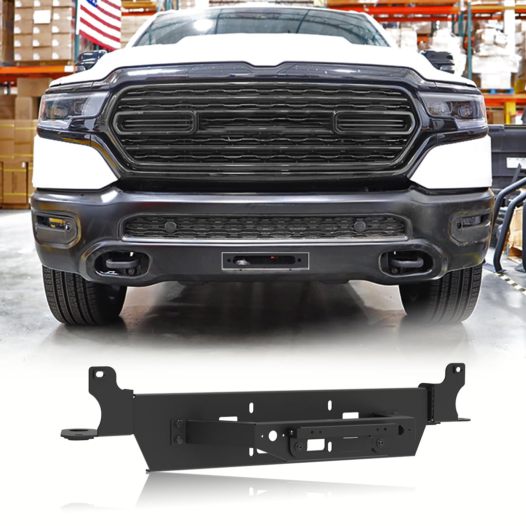 I1MOTOR Front Hidden Winch Plate for 2019-2024 Dodge RAM 1500 [Excluded EcoDiesel, Rebel, TRX & Ram 1500 Classic Models] with Flip-up Licence Plate Mounting Bracket, Multiple Size Winches