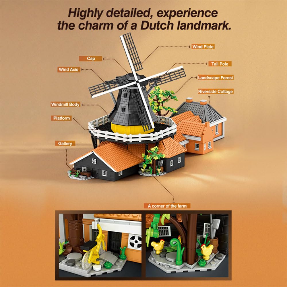 KYLON Architecture Niederlande Windmühle 55019 Modell, 4801+ TeiIe Klemmbausteine Architectur Windmühle groß ModeIbau für Erwachsene, Mit Originalverpackung